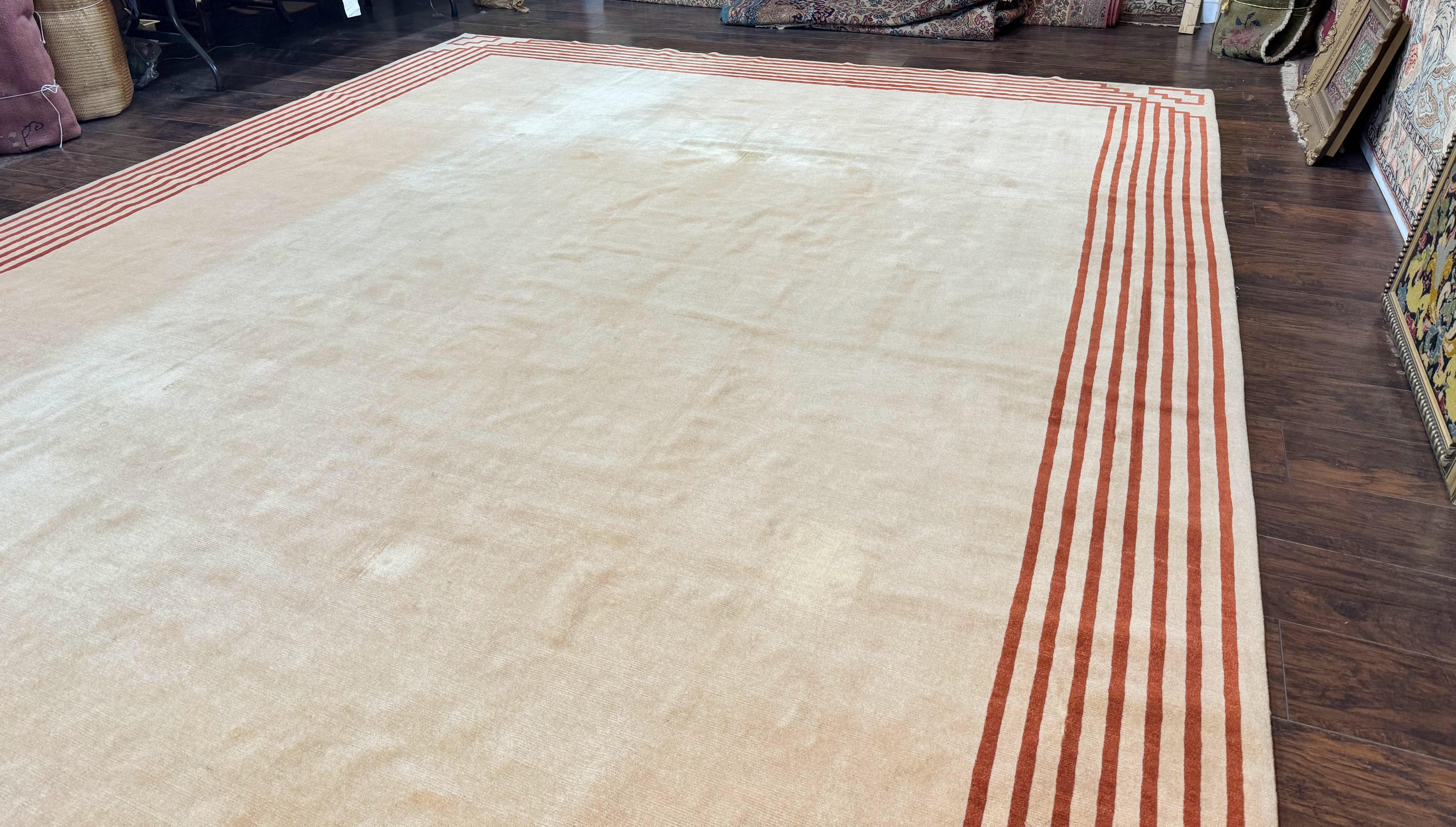 Modern Tibetan Rug 11 x 14.6, Wool and Silk, Simple Design, Handmade Large Area Rug, Cream