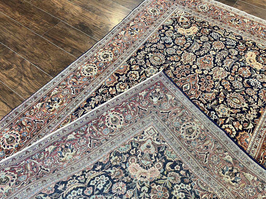 Persian Kashan Rug 4x7, Floral Medallion Vintage Handmade Hand Knotted Navy Blue & Red Wool Oriental Carpet, Highly Detailed Semi Antique Rug