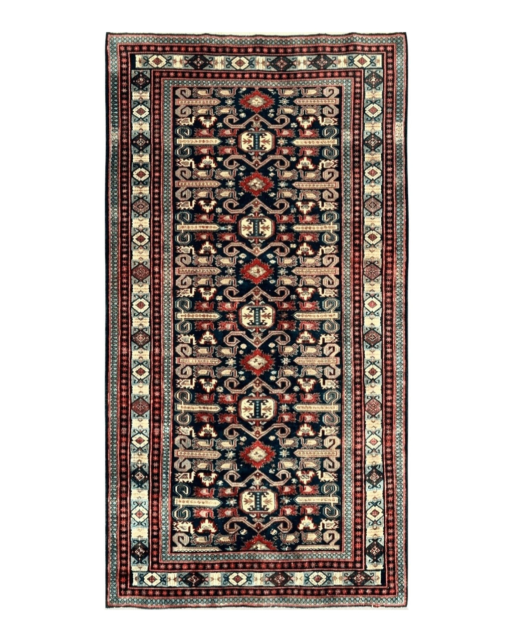 Persian Wide Runner Rug 4.8 x 10, Persian Kalegi Ardabil Rug, Perpedil Caucasian Rug, Antique Handmade Wool Carpet, Navy Blue Red, Tribal Rug