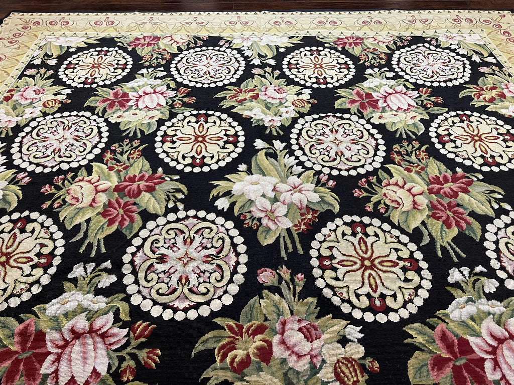 9x12 Black Needlepoint Rug, European Floral Panel Design, Handwoven, Vintage Chinese Needlepoint, Black Green Beige, Wool Rug 9 x 12