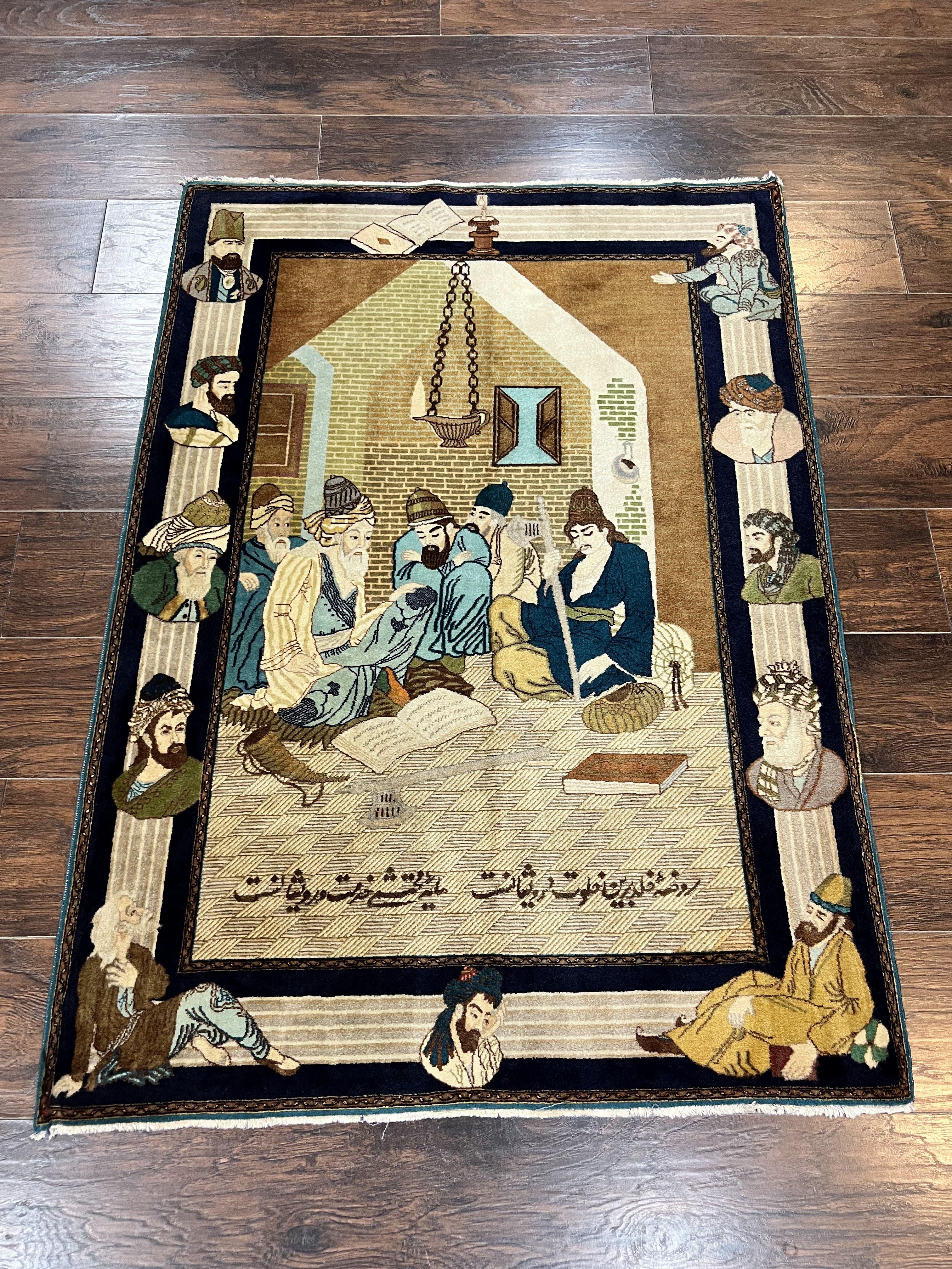 Persian Tabriz Pictorial Rug 3x5, Wall Hanging Carpet, Very Fine 60 Raj 475 KPSI, Hand Knotted Vintage Semi Antique, Wool, Persian Poetry