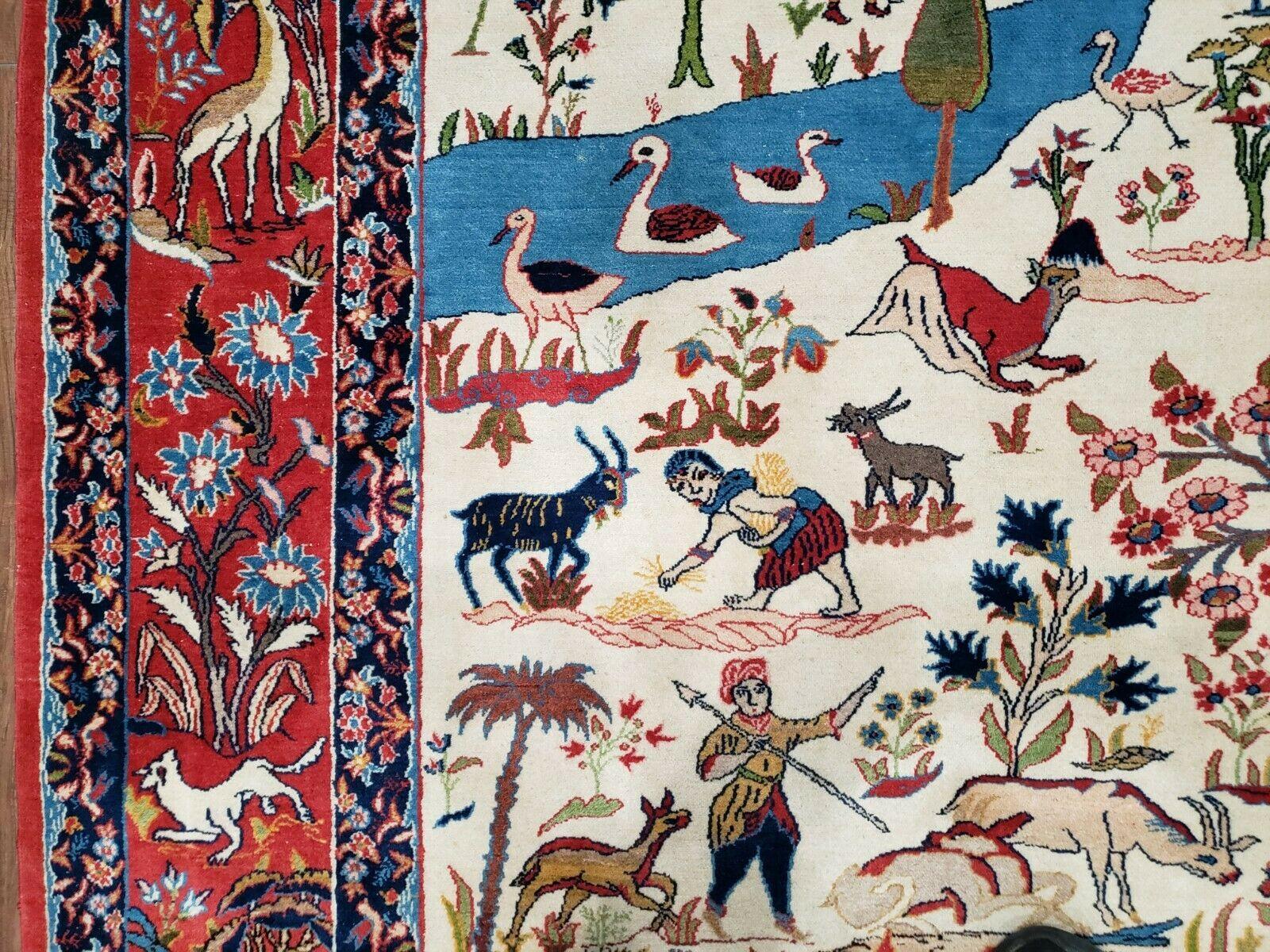 Antique Persian Isfahan Rug 5x7, Animal and Human Pictorials, Hand Knotted Fine Oriental Wool Carpet, Cream and Red, High KPSI, Vintage Rug 5 x 7 ft