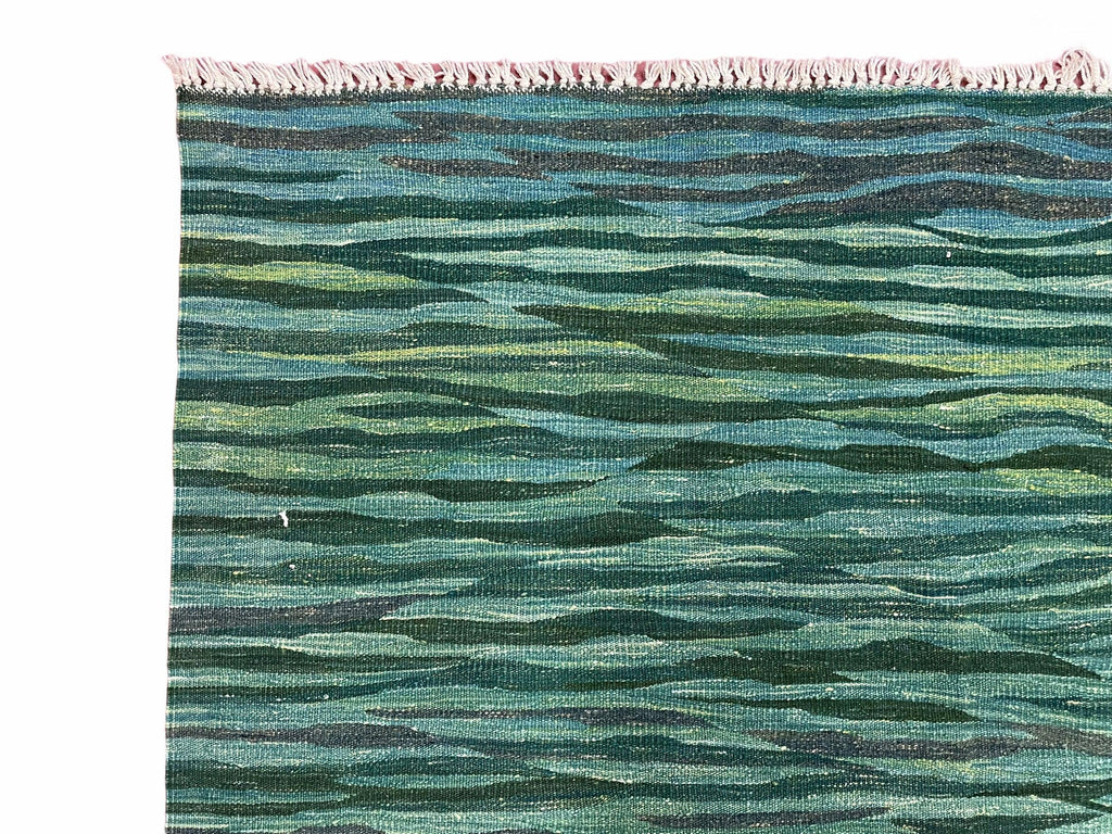 Sea Green Kilim Area Rug, White Blue Red Stripes, Russian Flag Rug, Flatweave Hand Knotted Carpet, Turkish Carpet, Wool, New, 5' 6" x 7' 10"