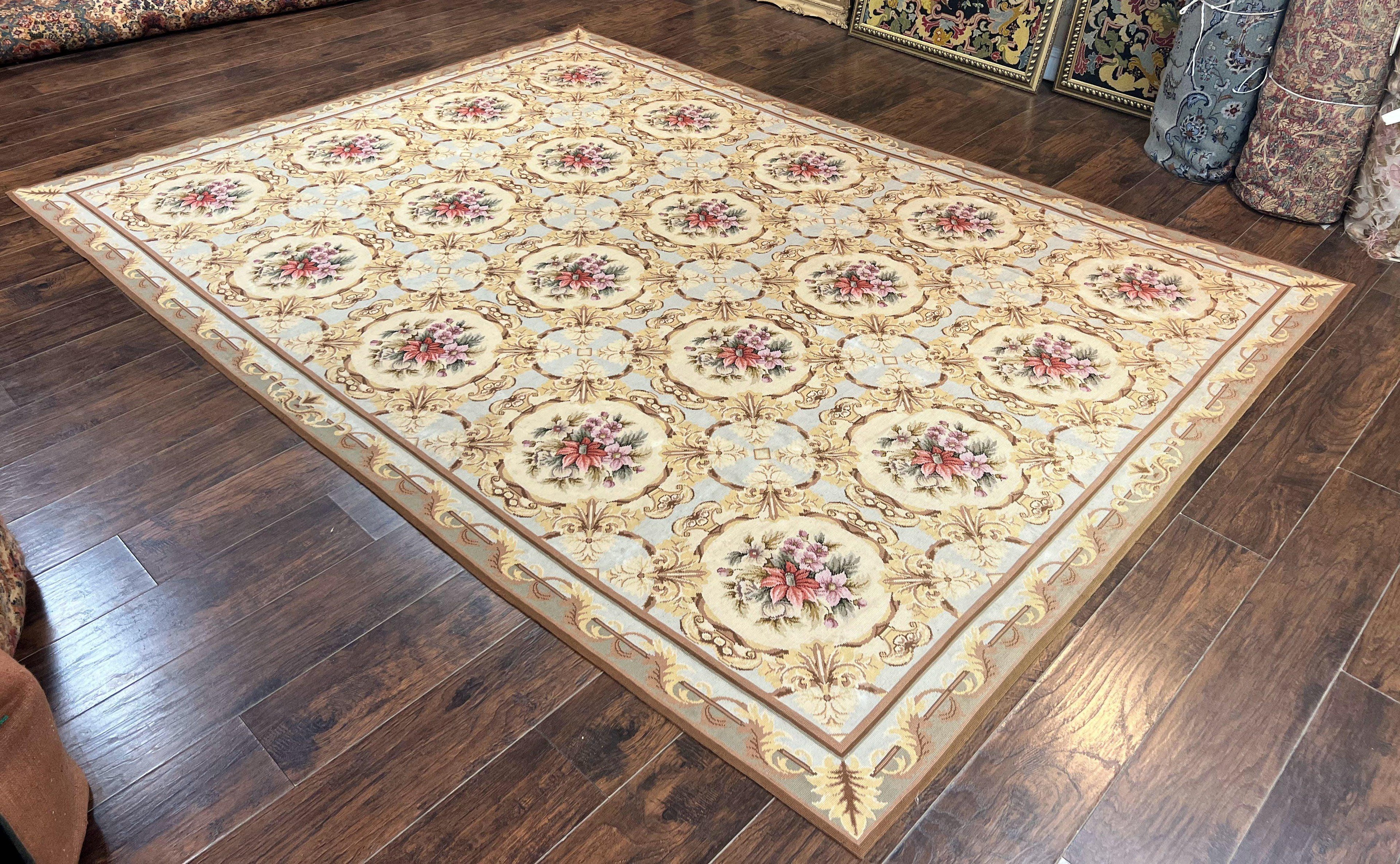 Chinese Needlepoint Rug 8x11, Handmade Wool Needlepoint Carpet, Vintage, Sky Blue
