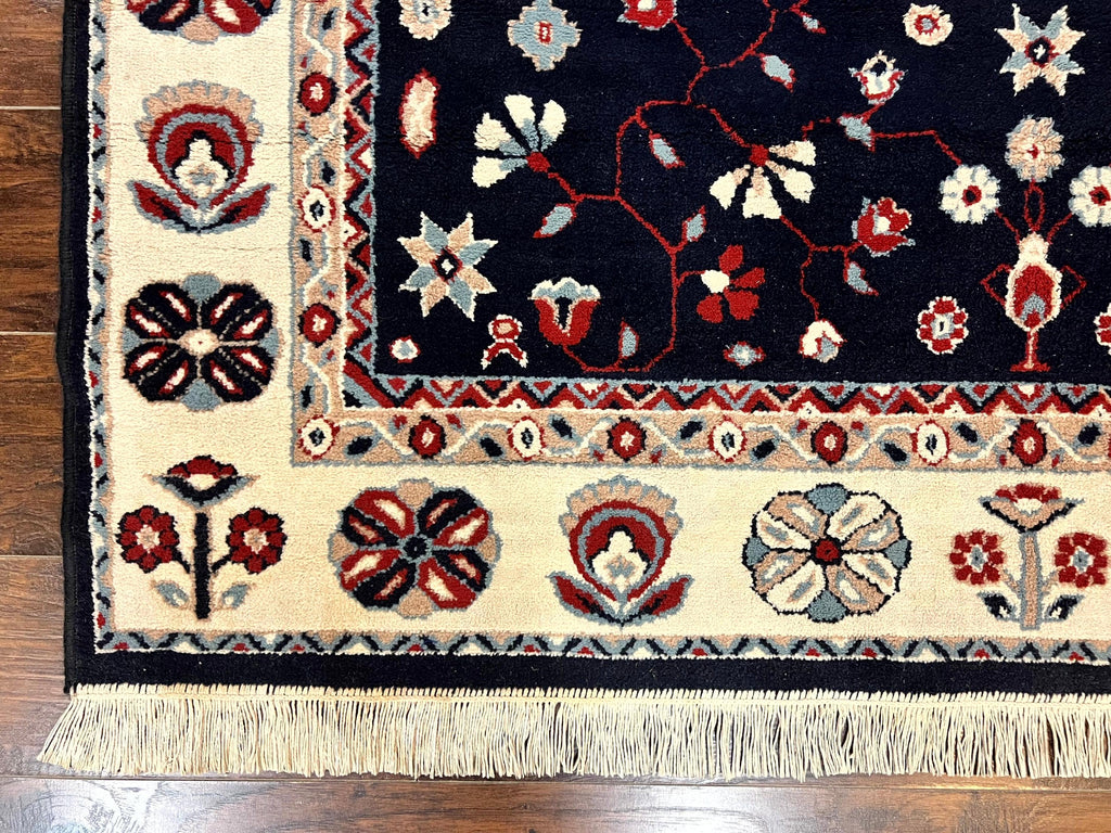 Belgium Power Loomed Rug 5.6 x 7, Navy Blue and Ivory, Heriz Pattern, Vintage Oriental Carpet