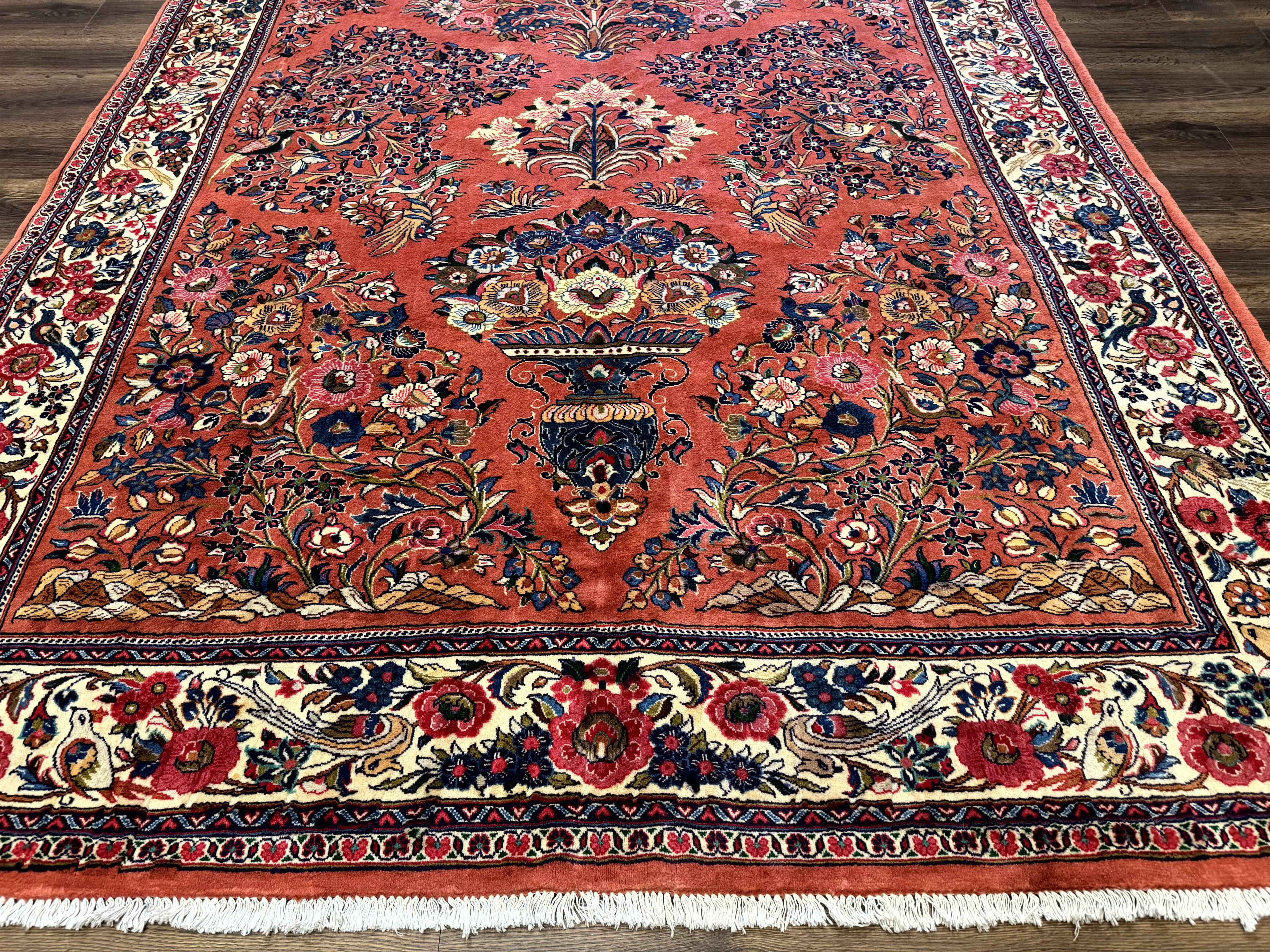 Persian Sarouk Rug 7x10, Red and Ivory, Floral Bouquets, Birds