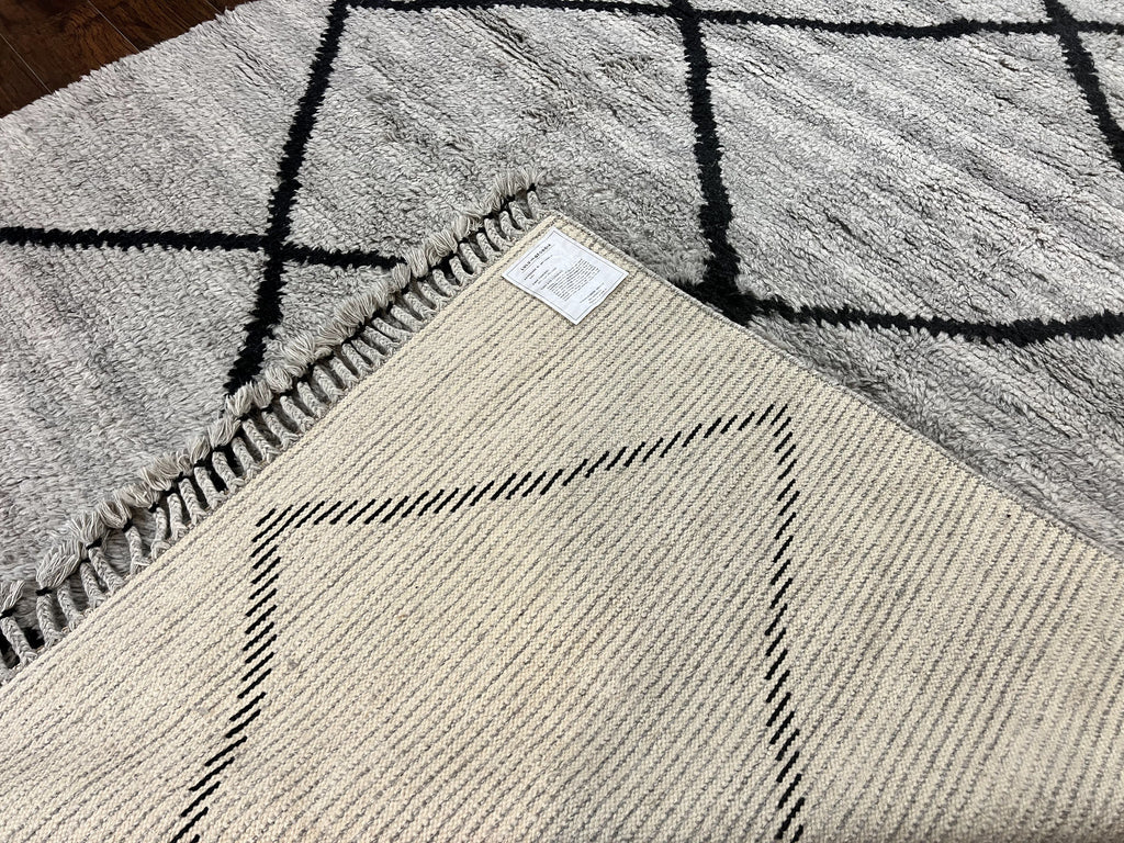 Modern Shag Rug 8x10, Gray and Black, Wool and Cotton, Lulu and Georgia, Handmade Indian Shag Rug