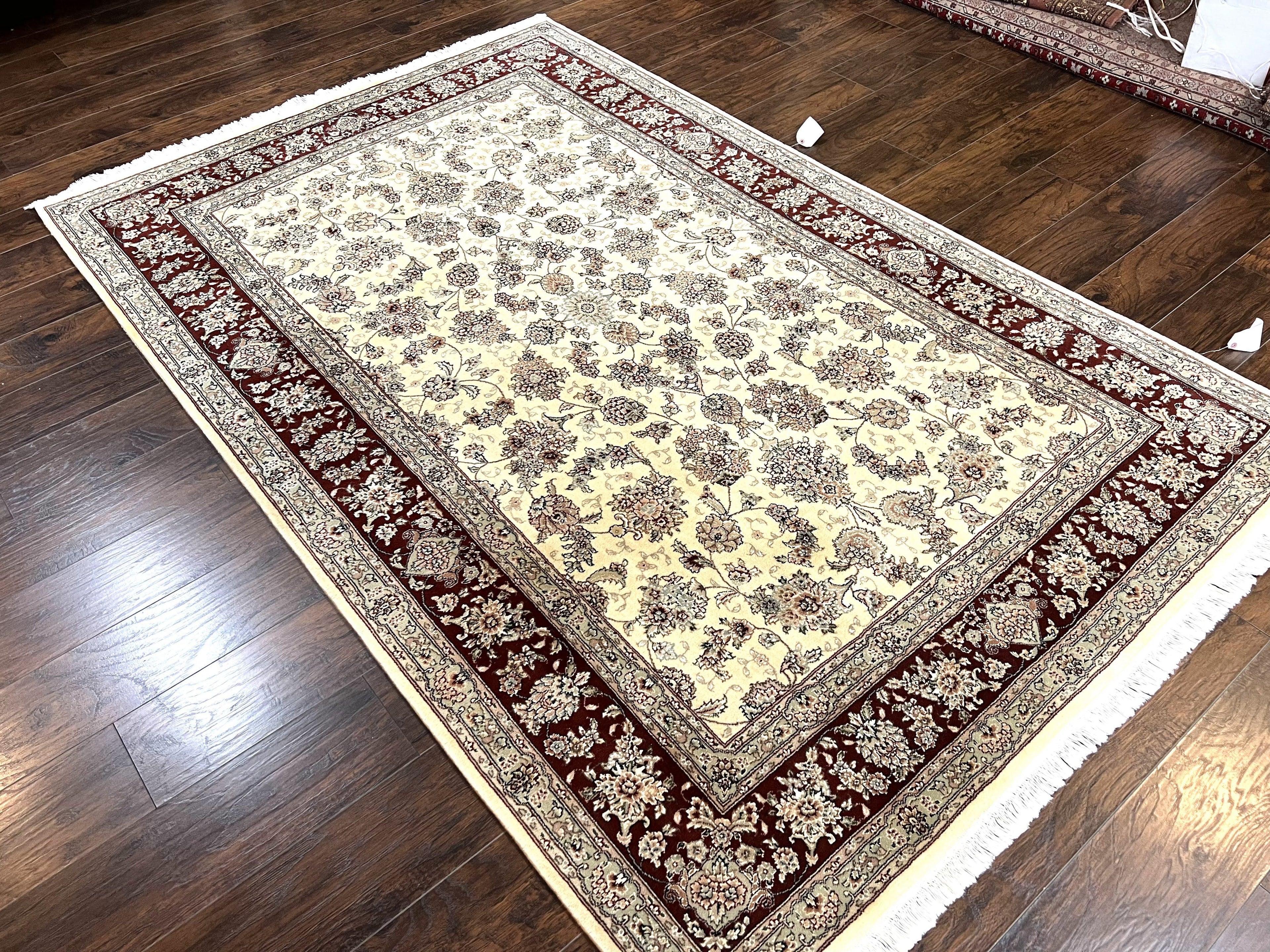 Pak Persian Rug 6x9, Floral Allover Carpet 6 x 9 ft, Cream and Maroon Hand Knotted Wool and Silk Fine Oriental Rug, Traditional Vintage Rug