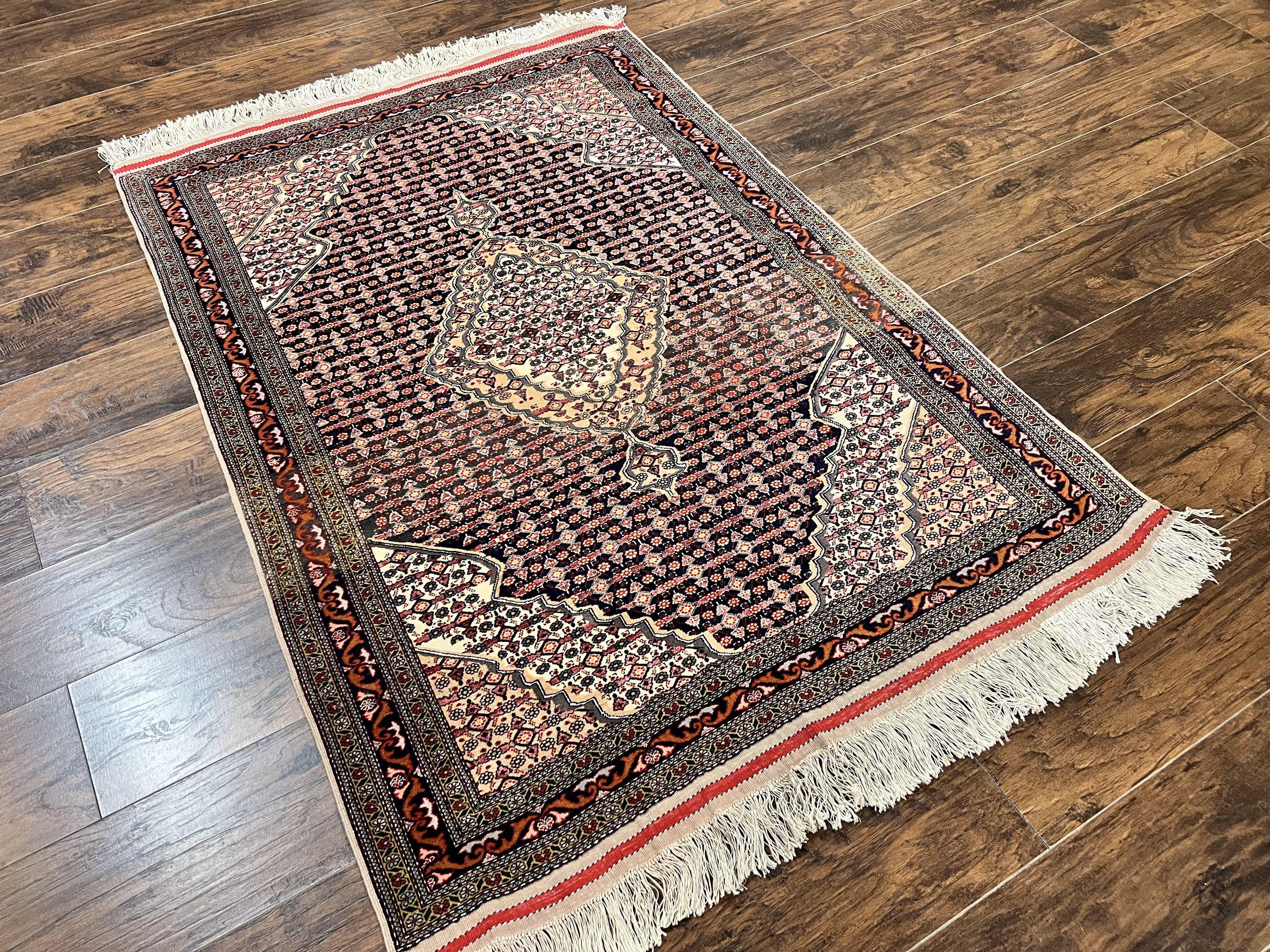 Afghan Rug 4x5, Wool with Silk Highlights, Very Fine Hand Knotted Vintage Oriental Carpet, Herati Pattern, Persian Rug, Bidjar Rug, 400 KPSI