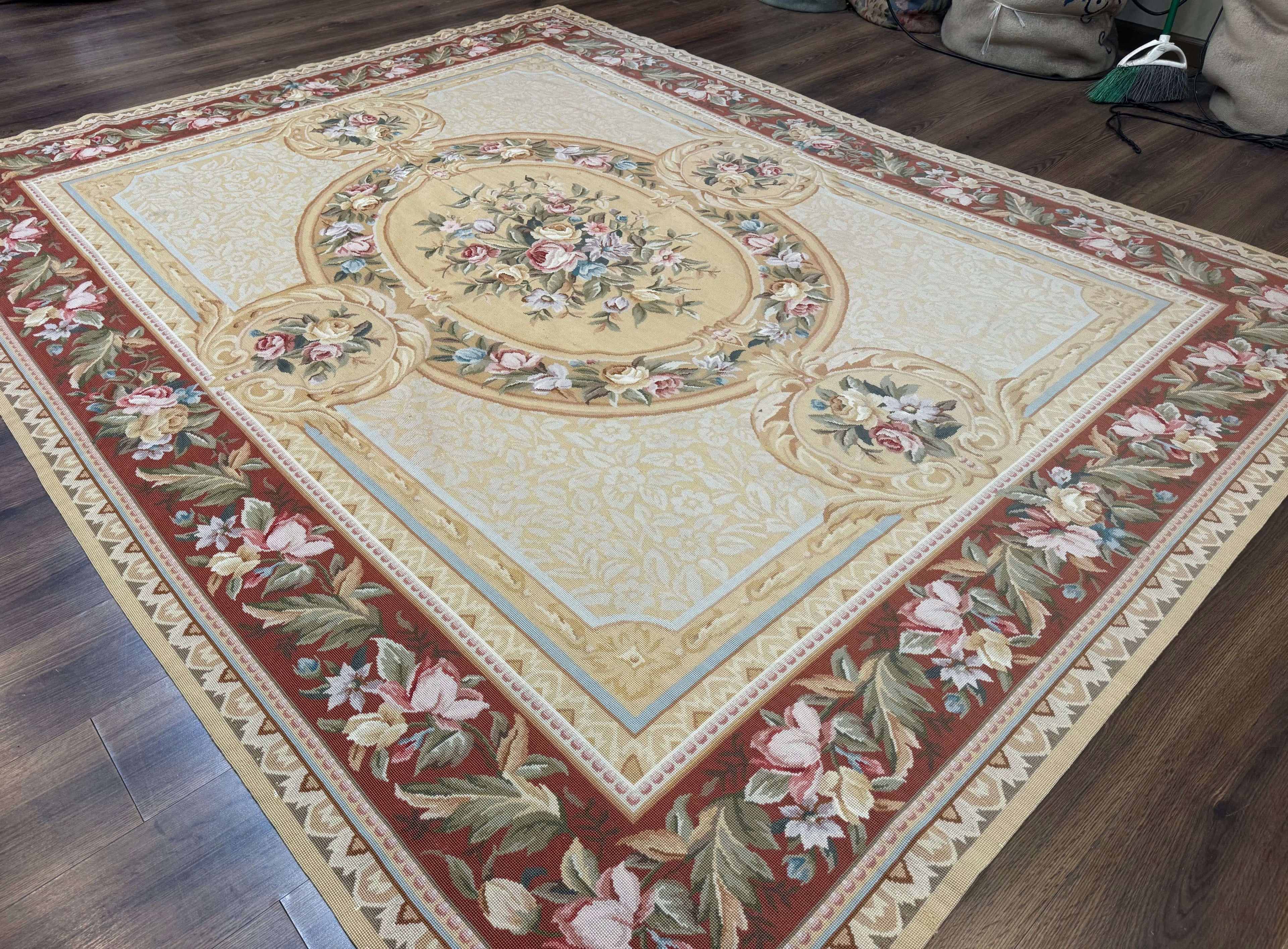 Needlepoint Rug 8x10, Aubusson Savonnerie European Carpet, Floral, Elegant
