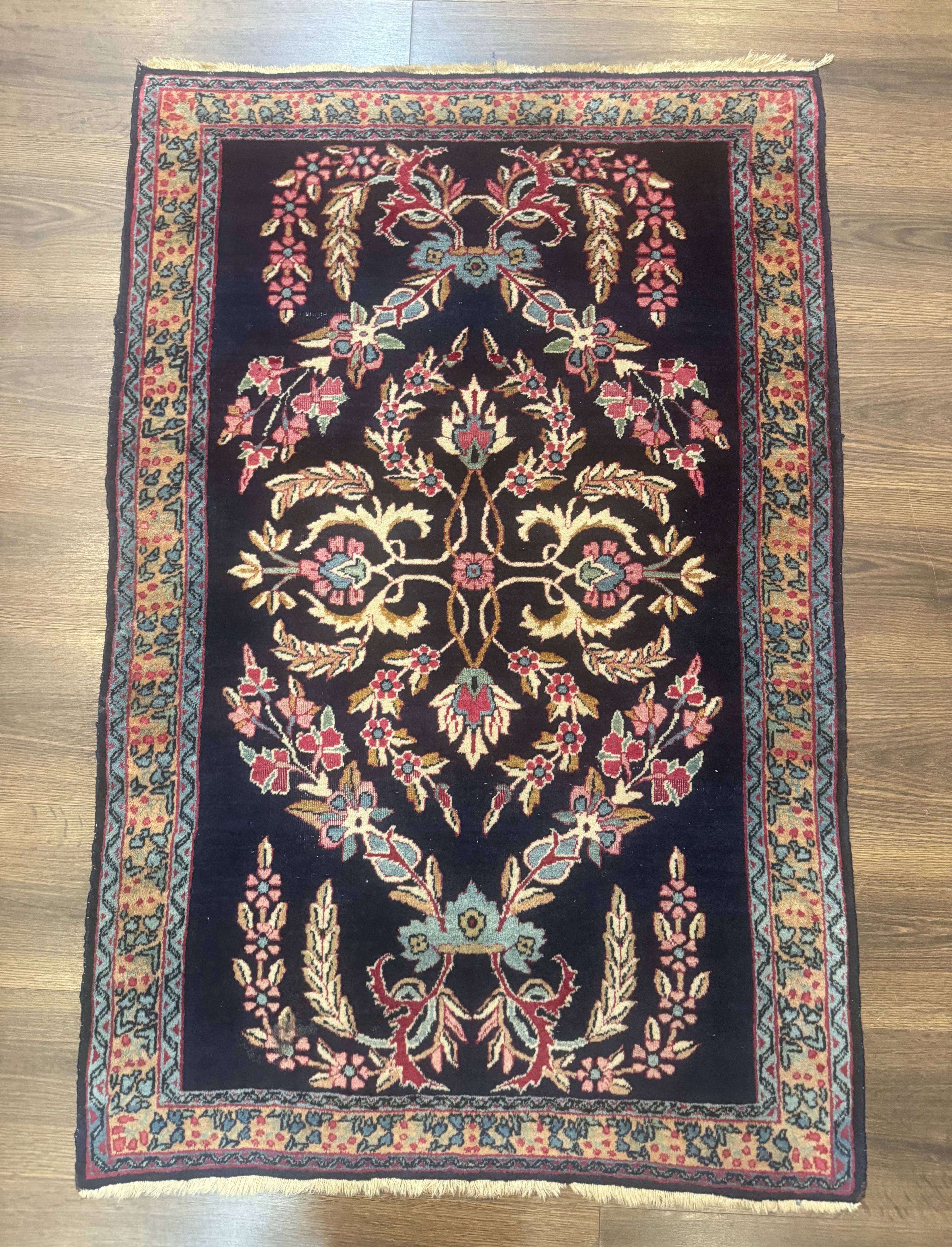 Antique Persian Kerman Rug 2.8 x 4, Navy Blue, Floral