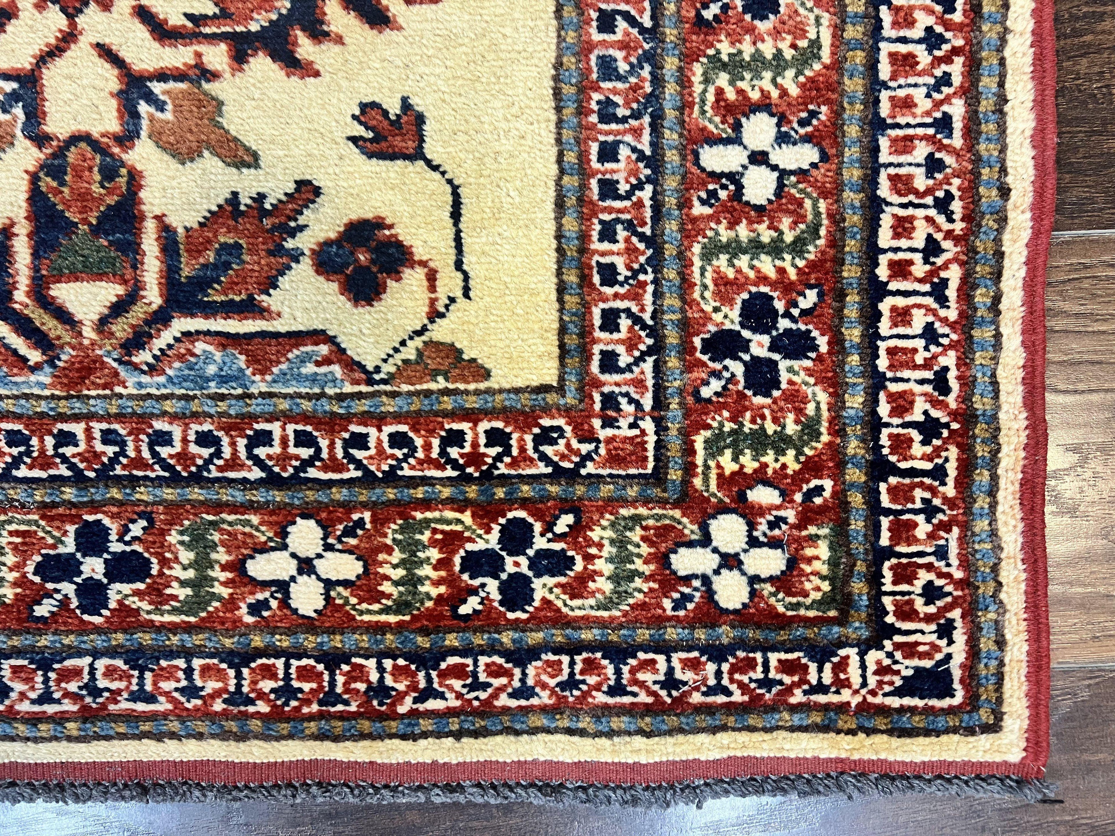 Afghan Heriz Runner Rug 2.9 x 12, Vintage Hand Knotted Persian Carpet for Hallway, 12ft Runner, Wool, Cream