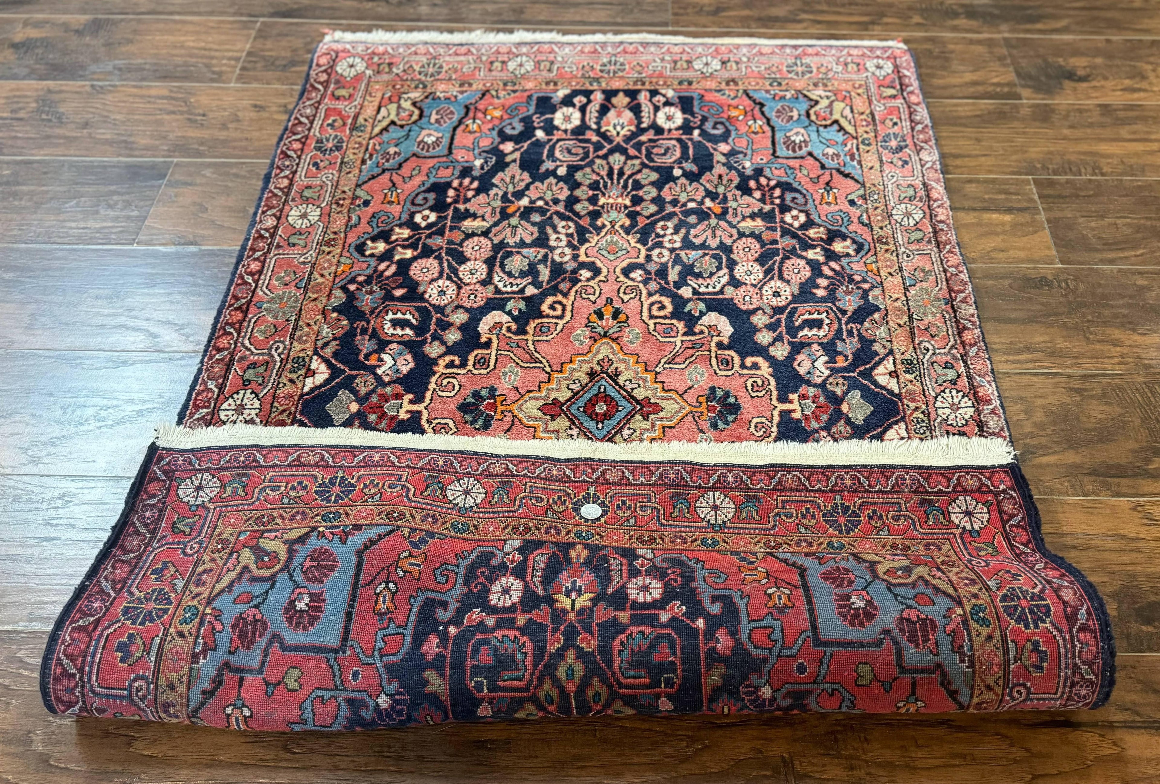 Persian Rug 3x5, Jozan Sarouk Rug, Navy Blue and Coral, Medallion Rug, Semi Antique