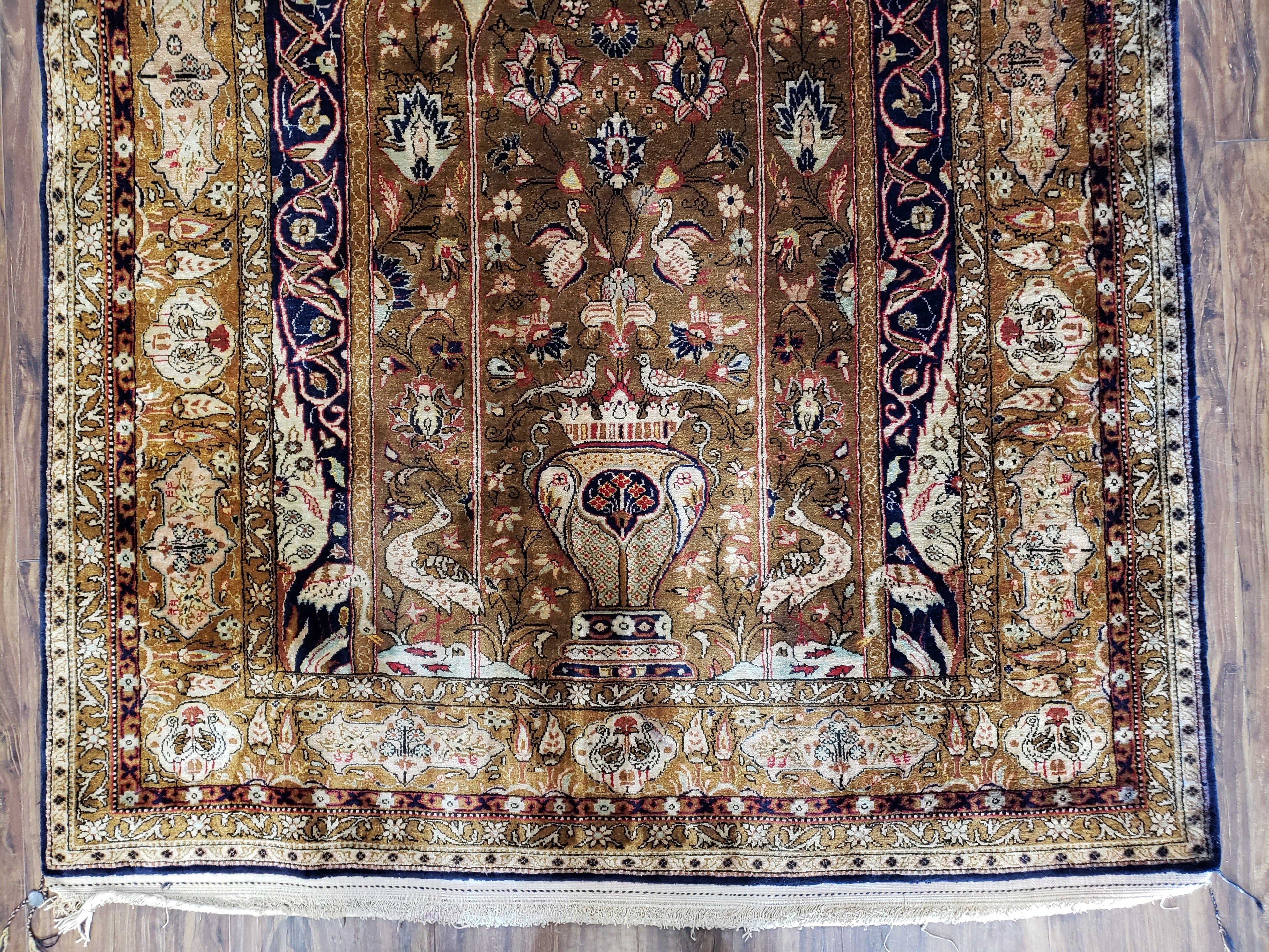Semi Antique Persian Qum Silk Prayer Rug, Silk, Hand-Knotted, 3'6" x 5'