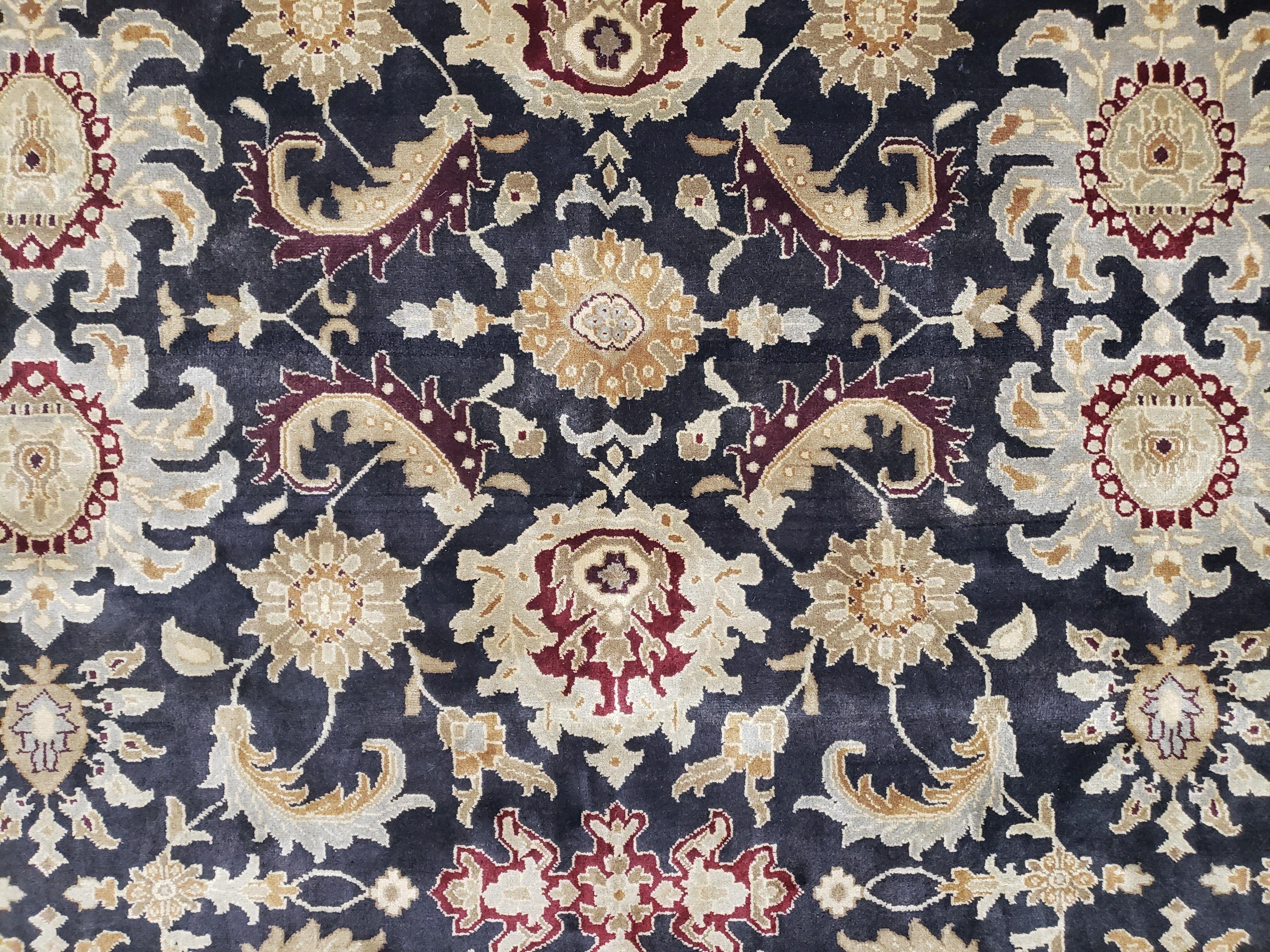 Indo Mahal Rug 8x12, Indian Sultanabad Handmade Area Rug, Vintage Hand-Knotted Wool Black Floral Traditional Oriental Dinning Room Rug