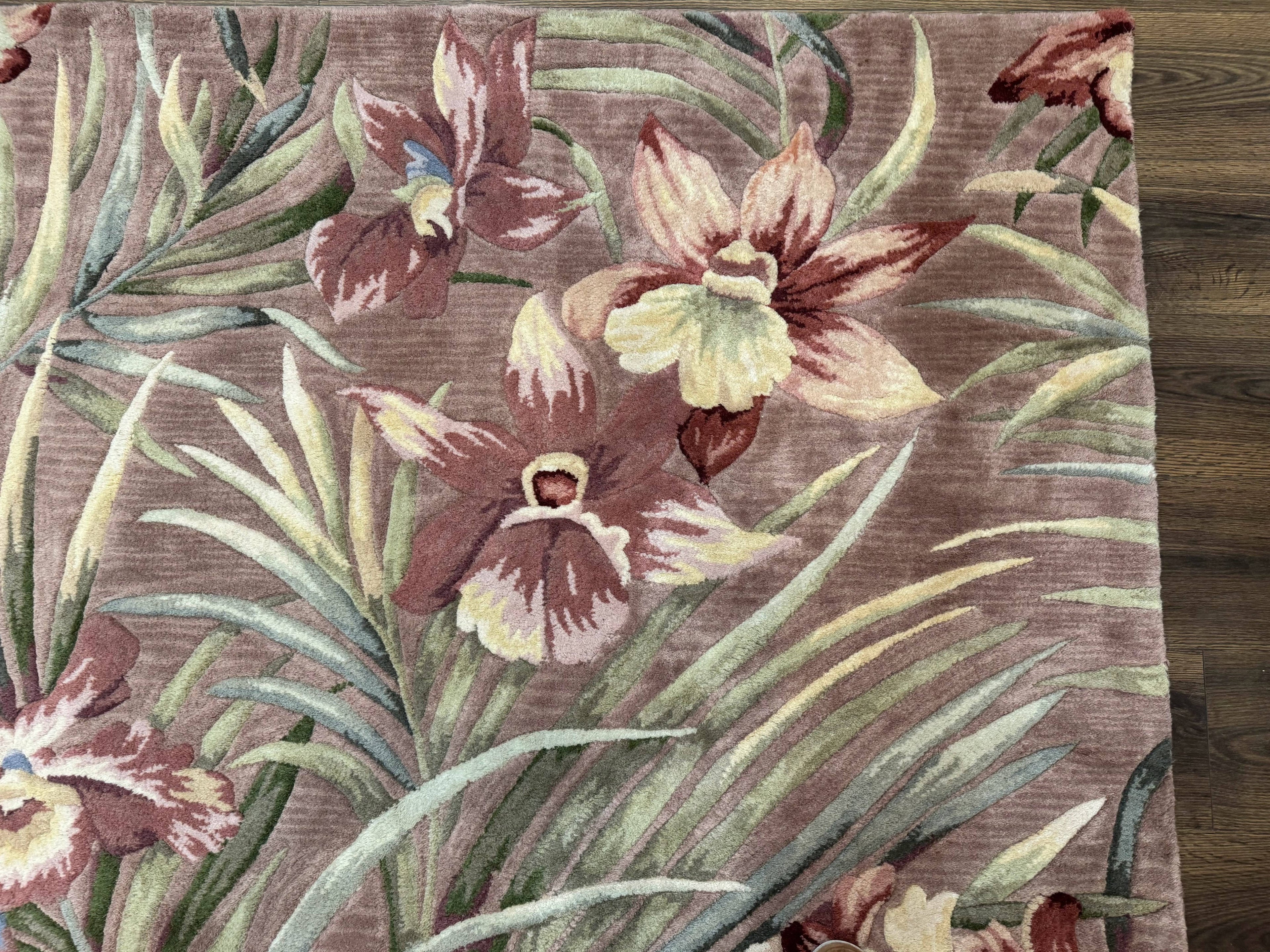 Hand Tufted Floral Rug 5x8, Light Rose Wool Carpet