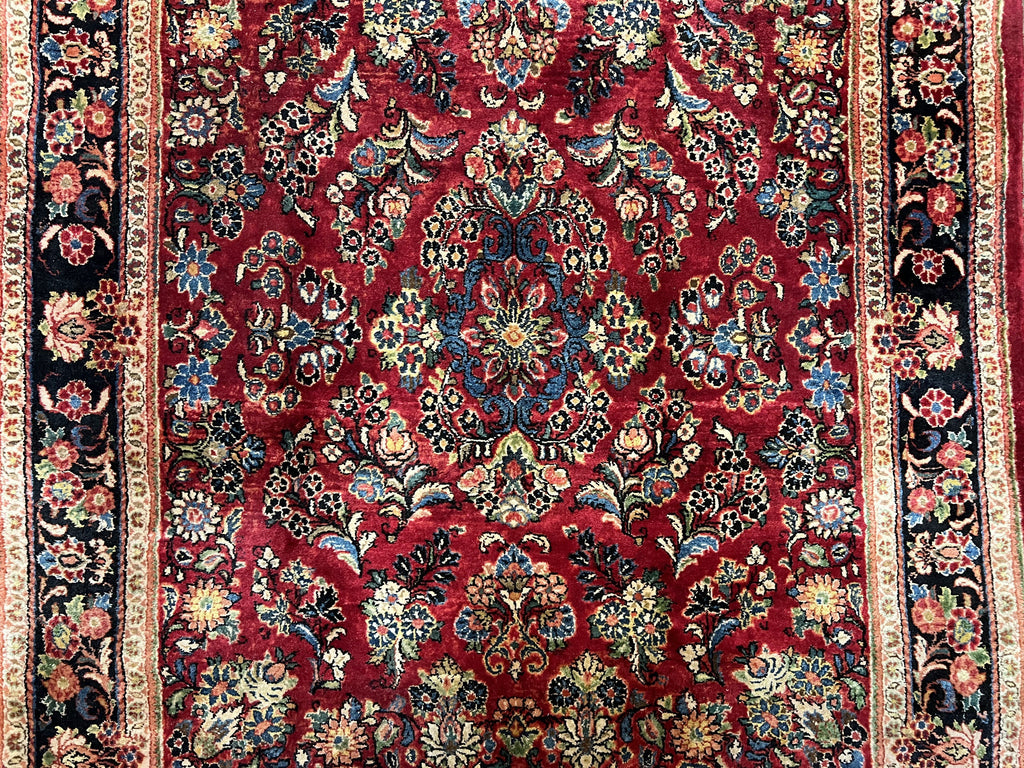 Persian Sarouk Rug 5x6, Hand Knotted Antique 1920s Sarouk, Red Navy Blue