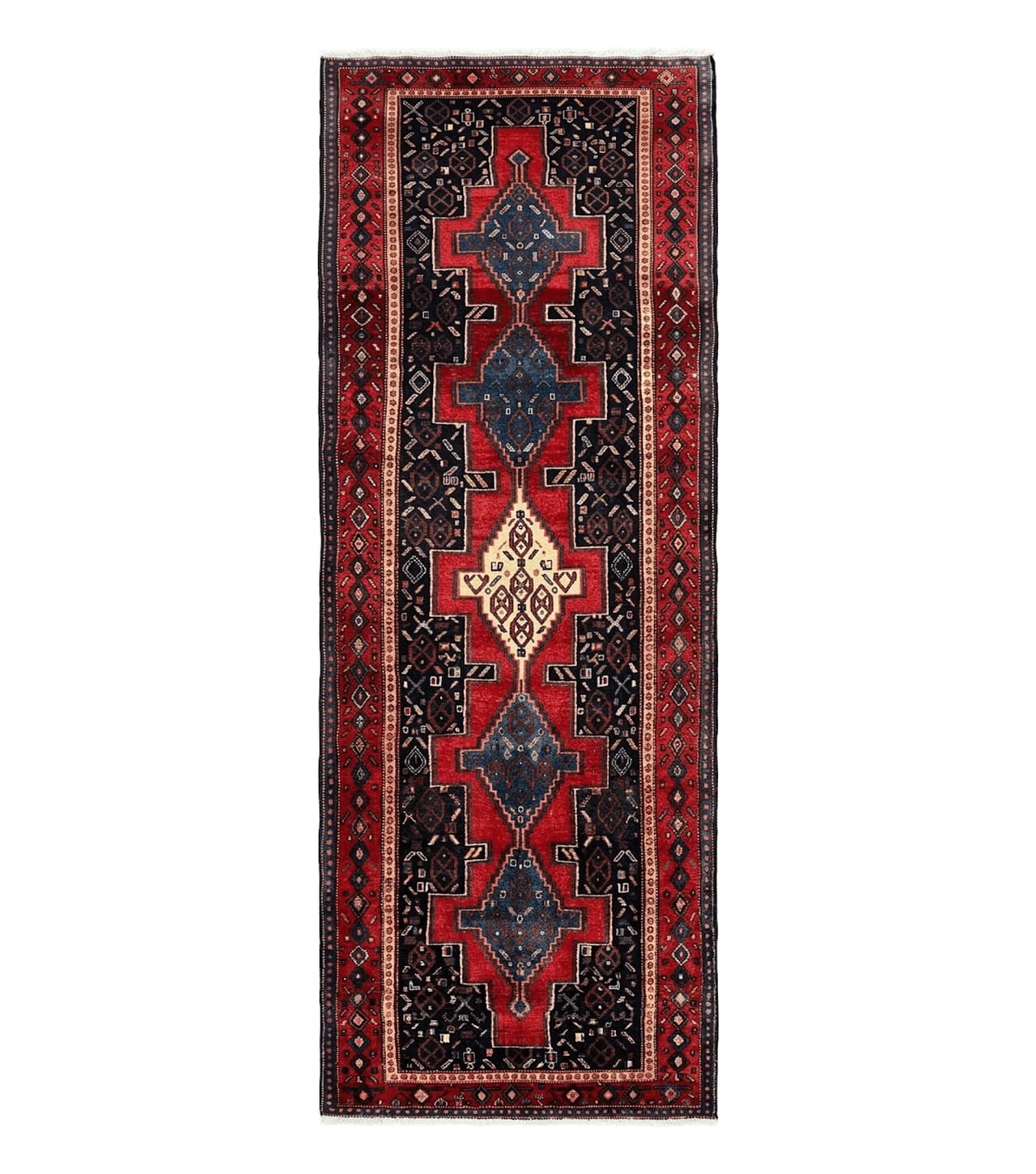 Persian Kurdish Senneh Runner Rug 3x9, Red Navy Blue, Medallions Wool Tribal Runner for Kitchen/Hallway 9ft Antique Handmade Oriental Runner