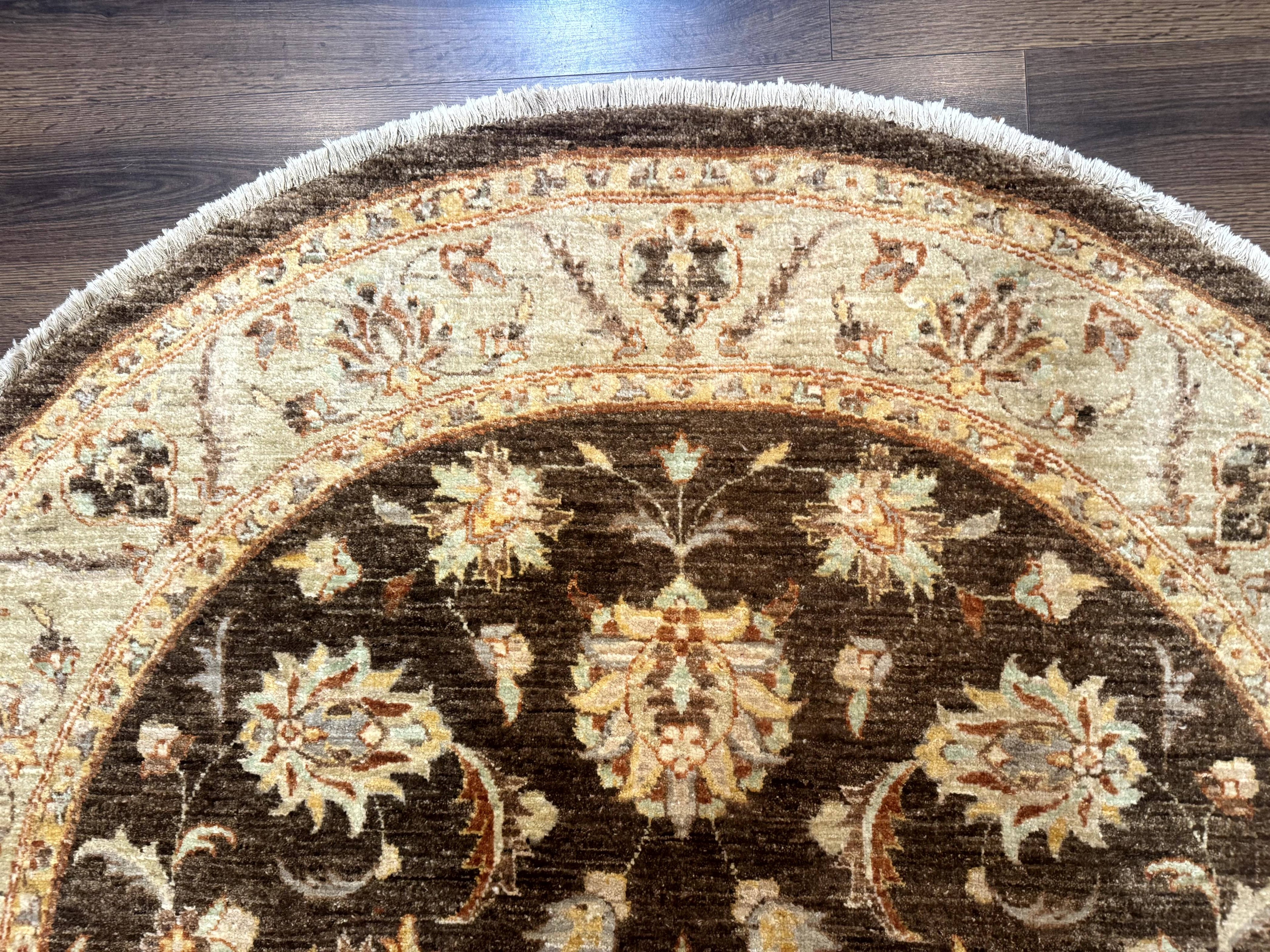Round Pakistani Rug 6x6, Brown and Beige, Floral, Peshawar Rug, Traditional