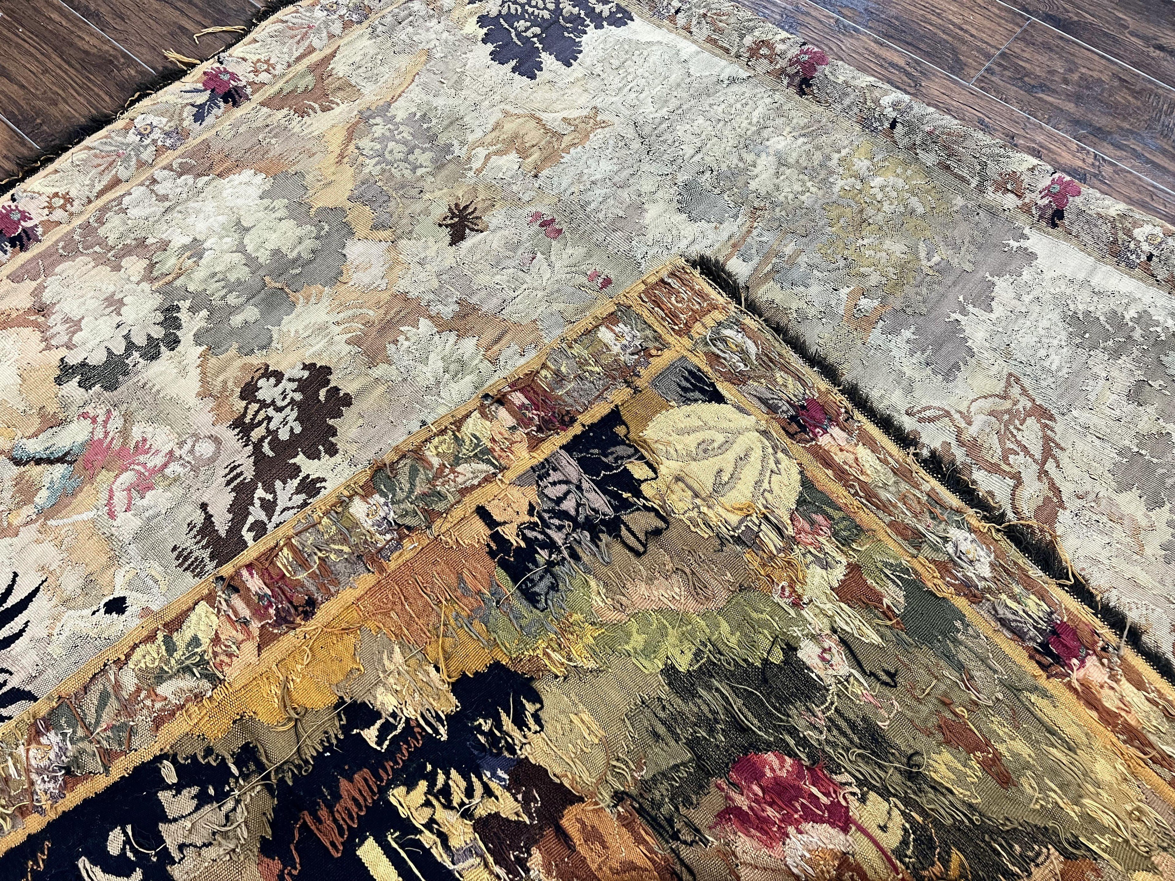 Antique French Tapestry 6x5 ft, European Handmade Wool Aubusson Weave Vintage Tapestry