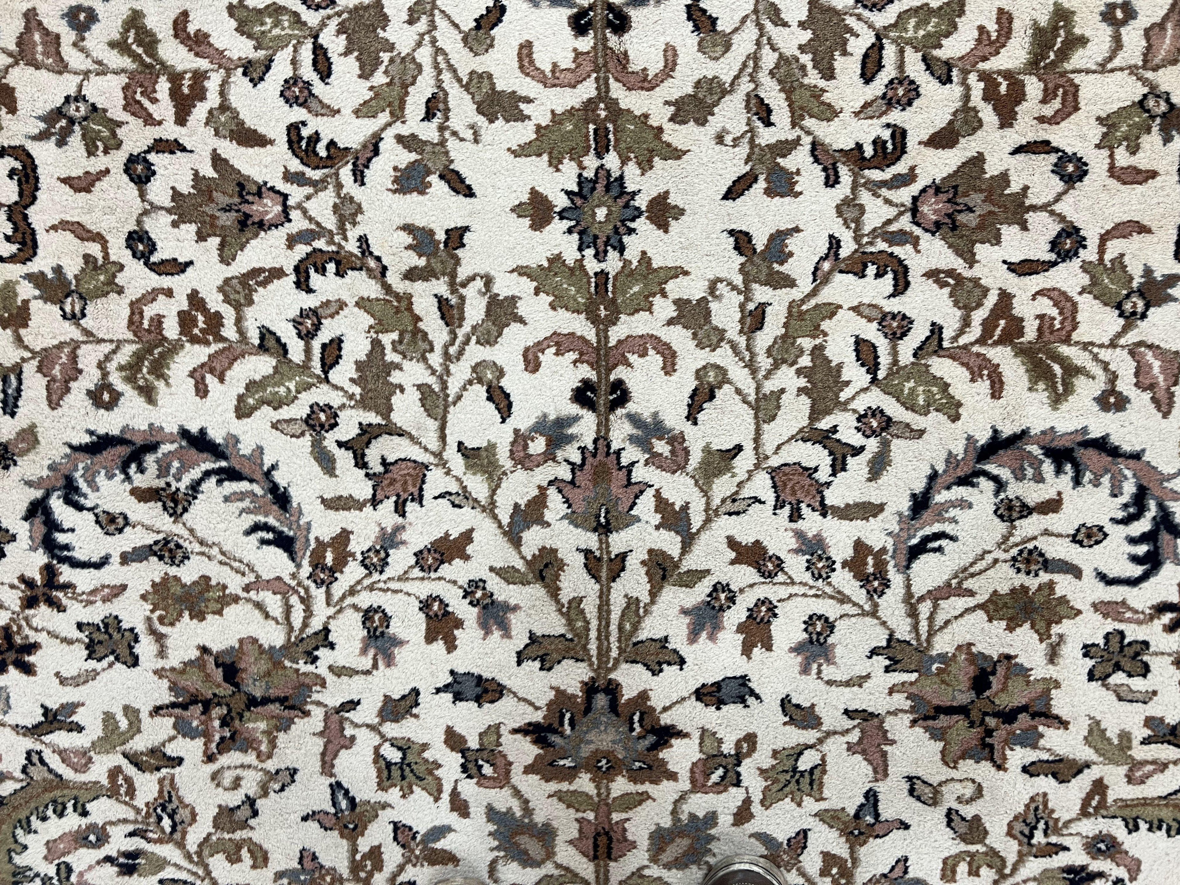 Indo Kirman Rug 8x12 Allover Floral Design, Ivory/Cream Brown, Vintage Handmade Hand Knotted Rug, Traditional Wool Persian Carpet 8 x 12
