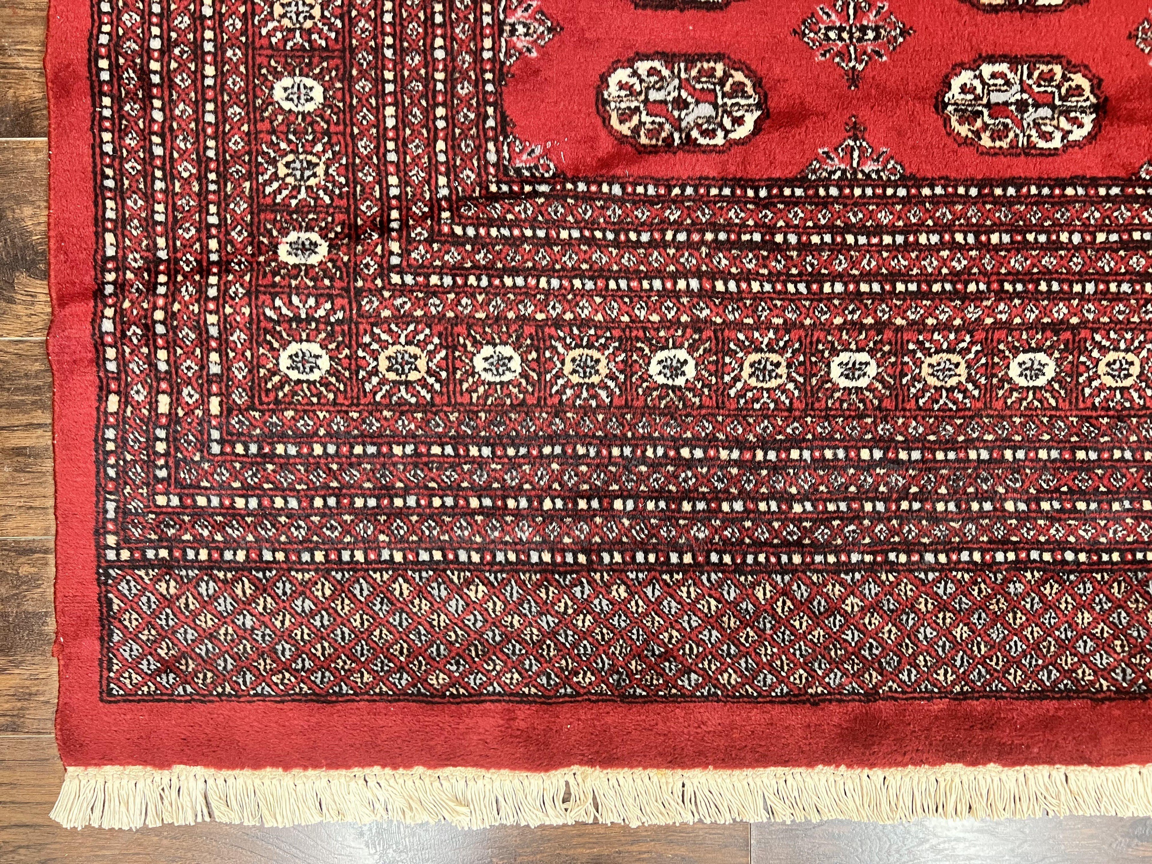 Turkoman Rug 8 x 11.6, Red Bokhara Pakistani Carpet, Wool Handmade Vintage Rug