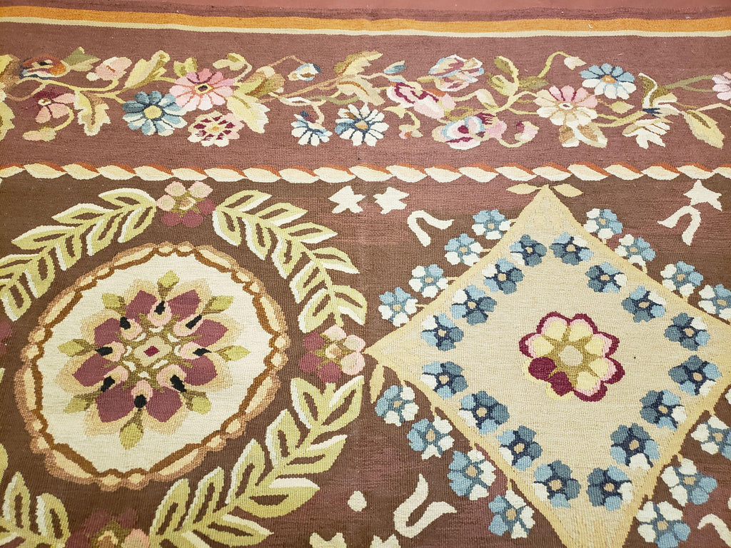 Aubusson Rug 6 x 9 Flat Weave Area Carpet European Design Flowers New Brown Rug Handmade Wool Hand-Knotted Aubusson Weave Medium Rug 6x9