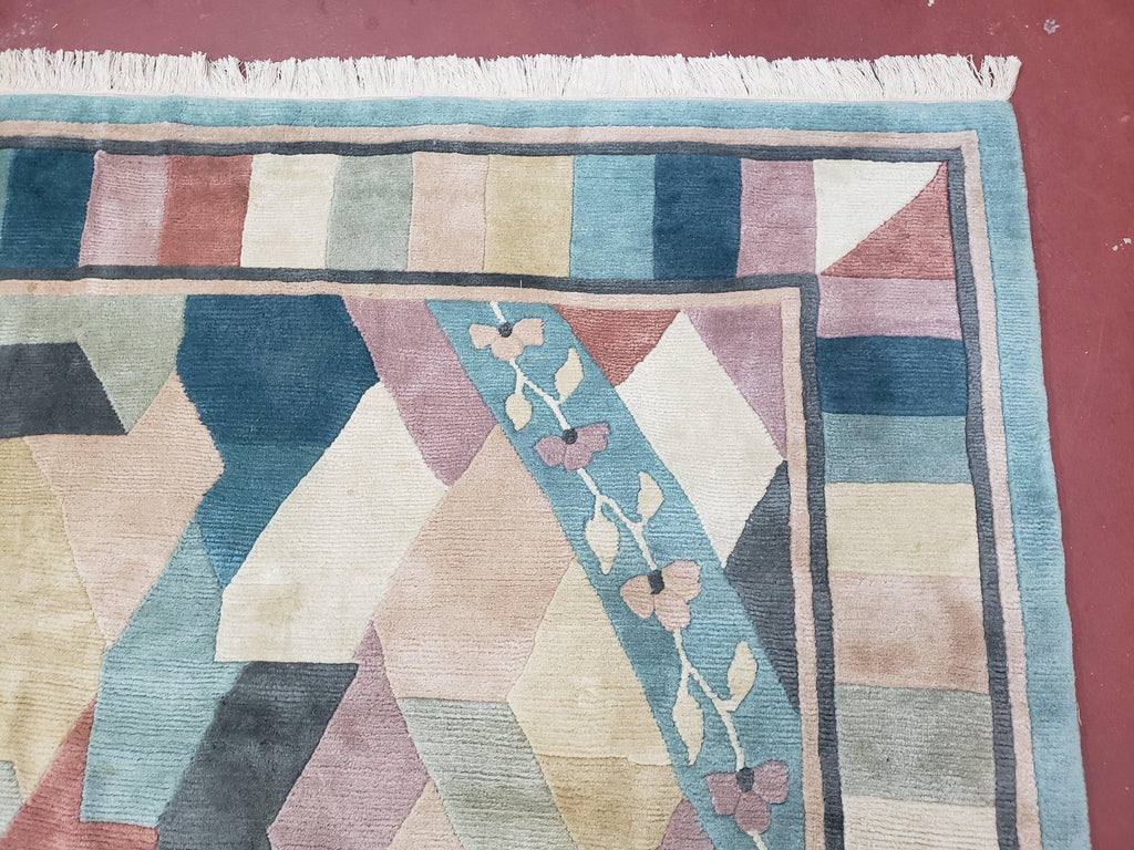 Contemporary Indian Nepalese Area Rug 8x11, Wool Hand-Knotted Modern Multicolor Nepali Abstract Carpet 8 x 11 Soft Playroom Nursery Room Rug