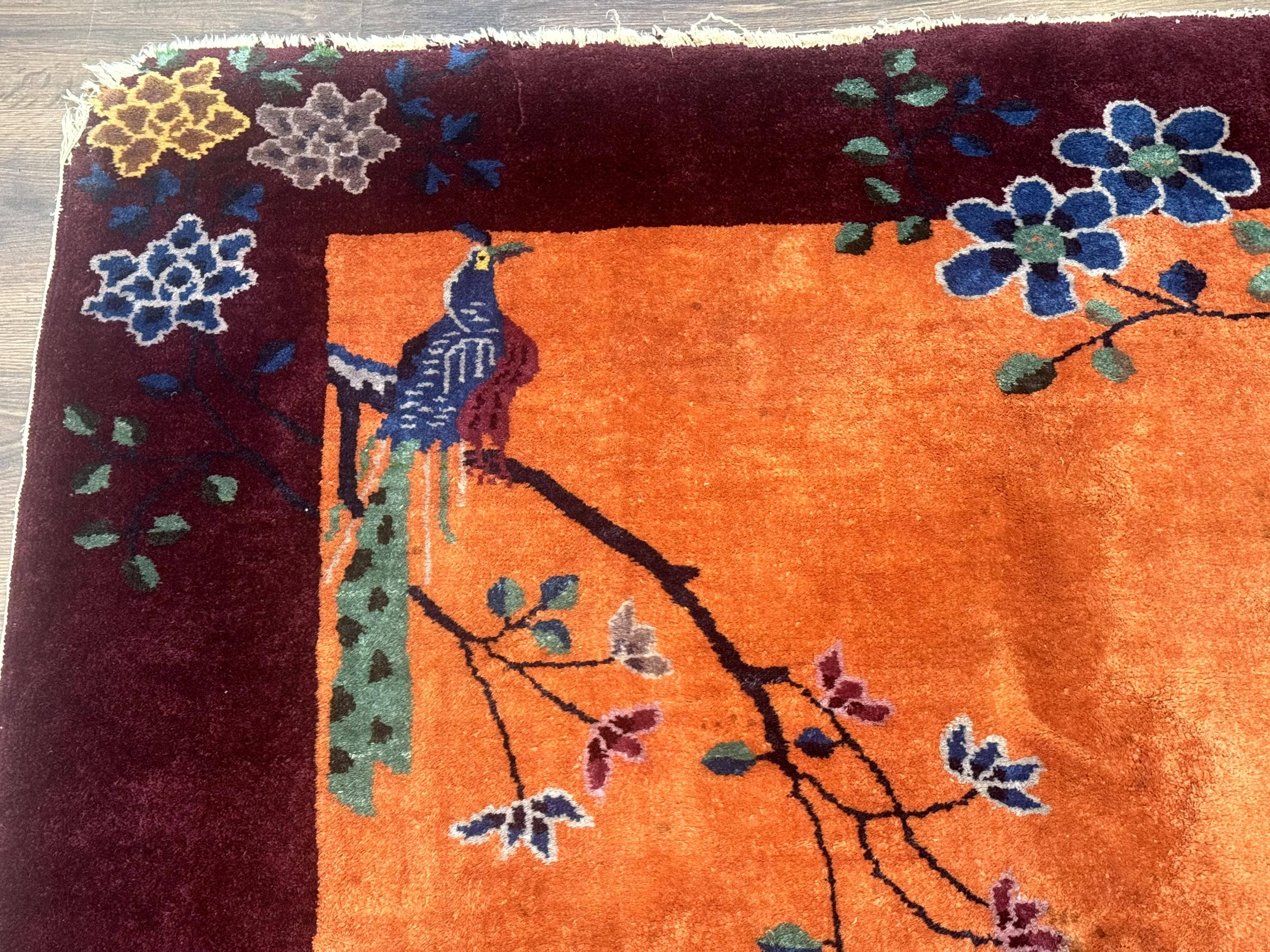 Chinese Art Deco Rug 5x8, Antique Chinese Wool Rug, Nichols Rug, Rare Chinese Carpet, Orange and Purple-Maroon