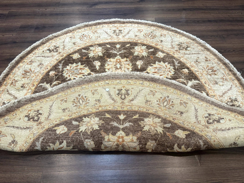 Round Pakistani Rug 6x6, Brown and Beige, Floral, Peshawar Rug, Traditional