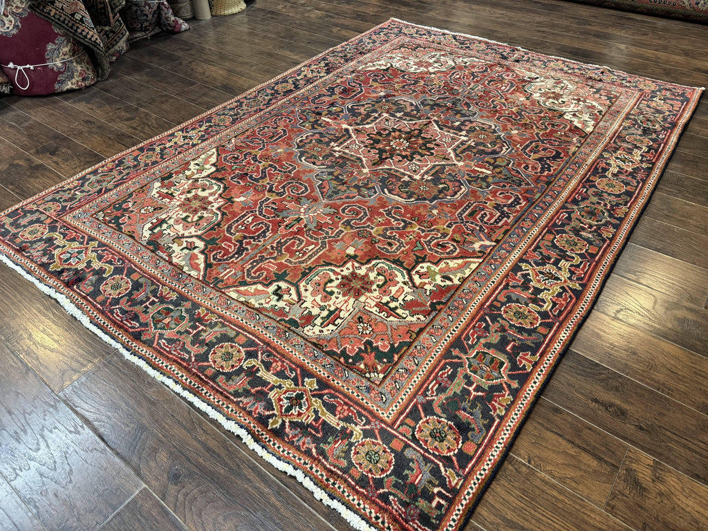 Persian Heriz Rug 6.6 x 9, Geometric Wool Persian Carpet