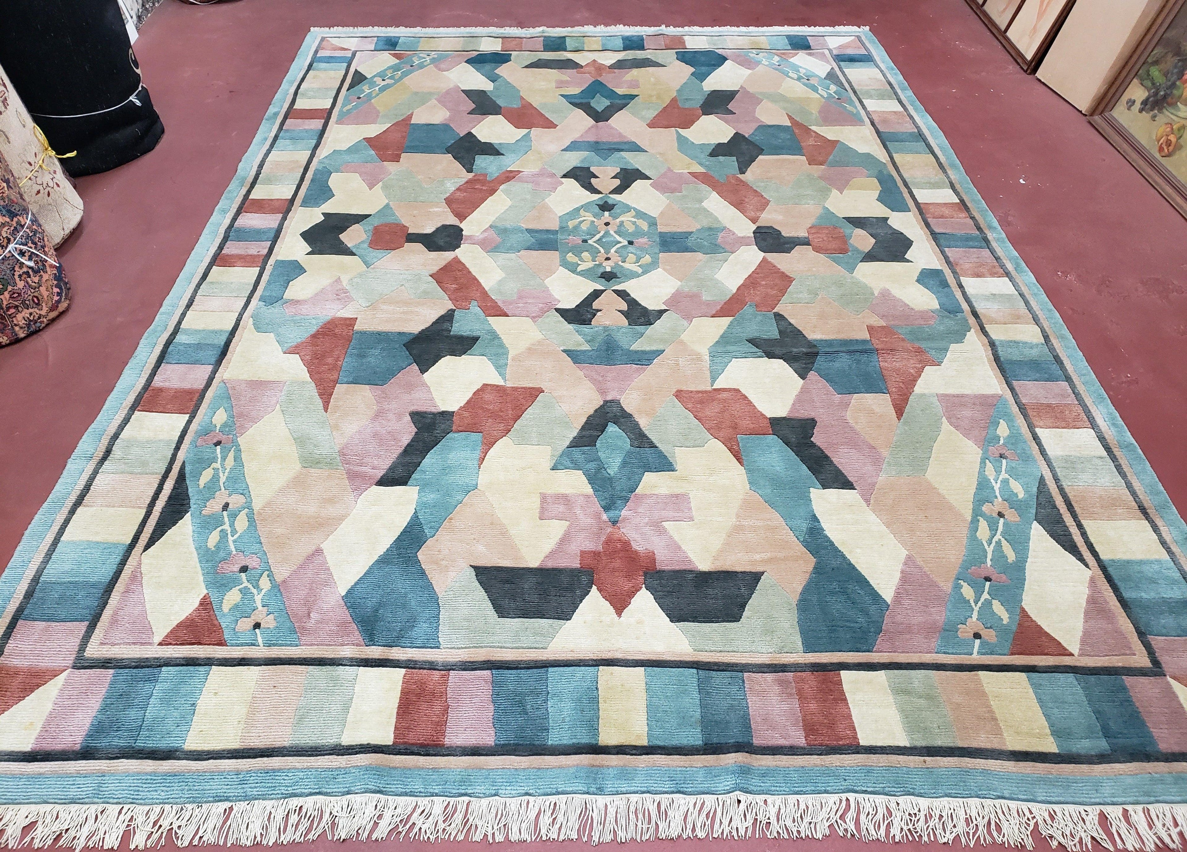 Contemporary Indian Nepalese Area Rug 8x11, Wool Hand-Knotted Modern Multicolor Nepali Abstract Carpet 8 x 11 Soft Playroom Nursery Room Rug