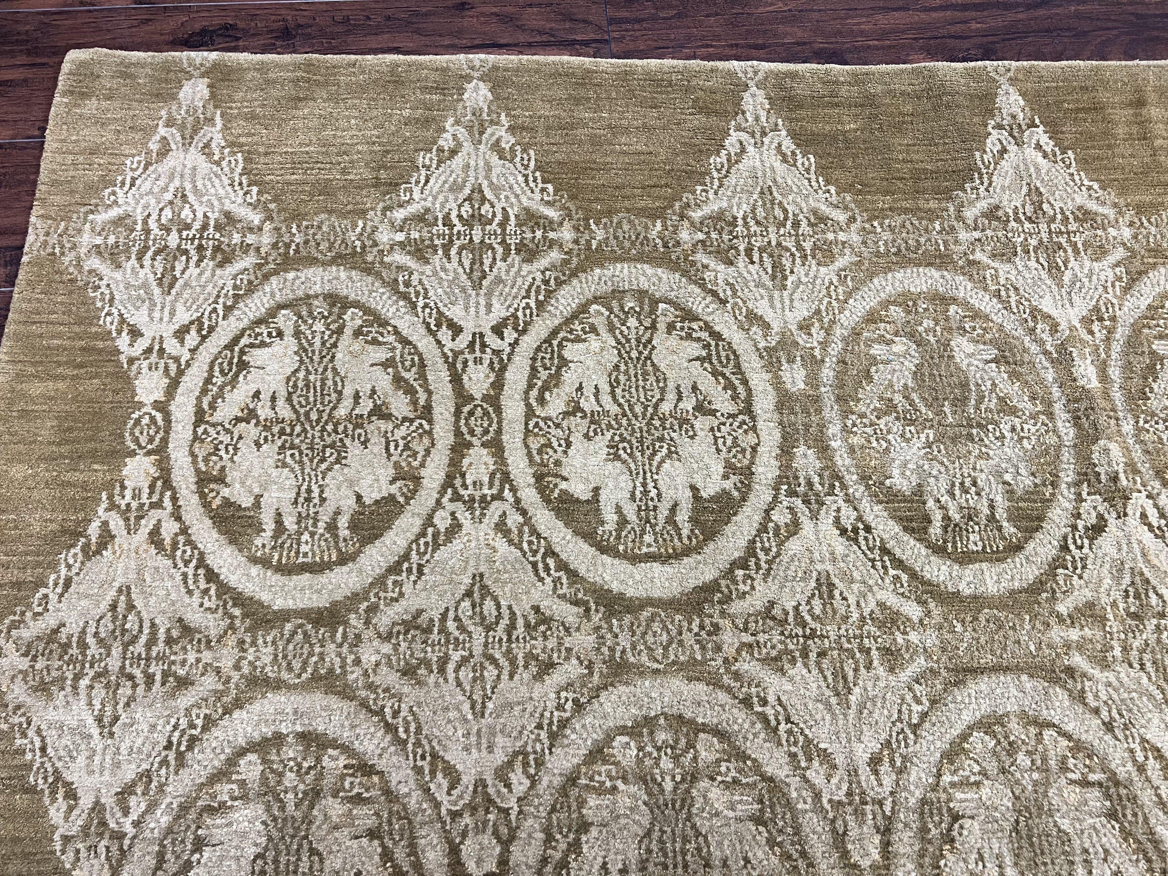 Tibetan Rug 12x15, Wool Hand Knotted Carpet, Odegard Rug, Birds, Olive Green, 12 x 15 Oversized Handmade Contemporary Area Rug, Extra Large