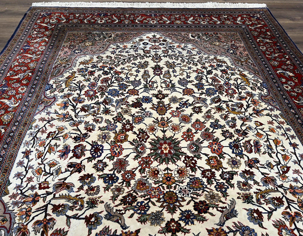 Beautiful Sino Persian Rug 7x10, Circle of Life Tree of Life Rug, Birds, Cream Red Navy Blue Taupe, Wool Silk Accents, Hand Knotted Vintage