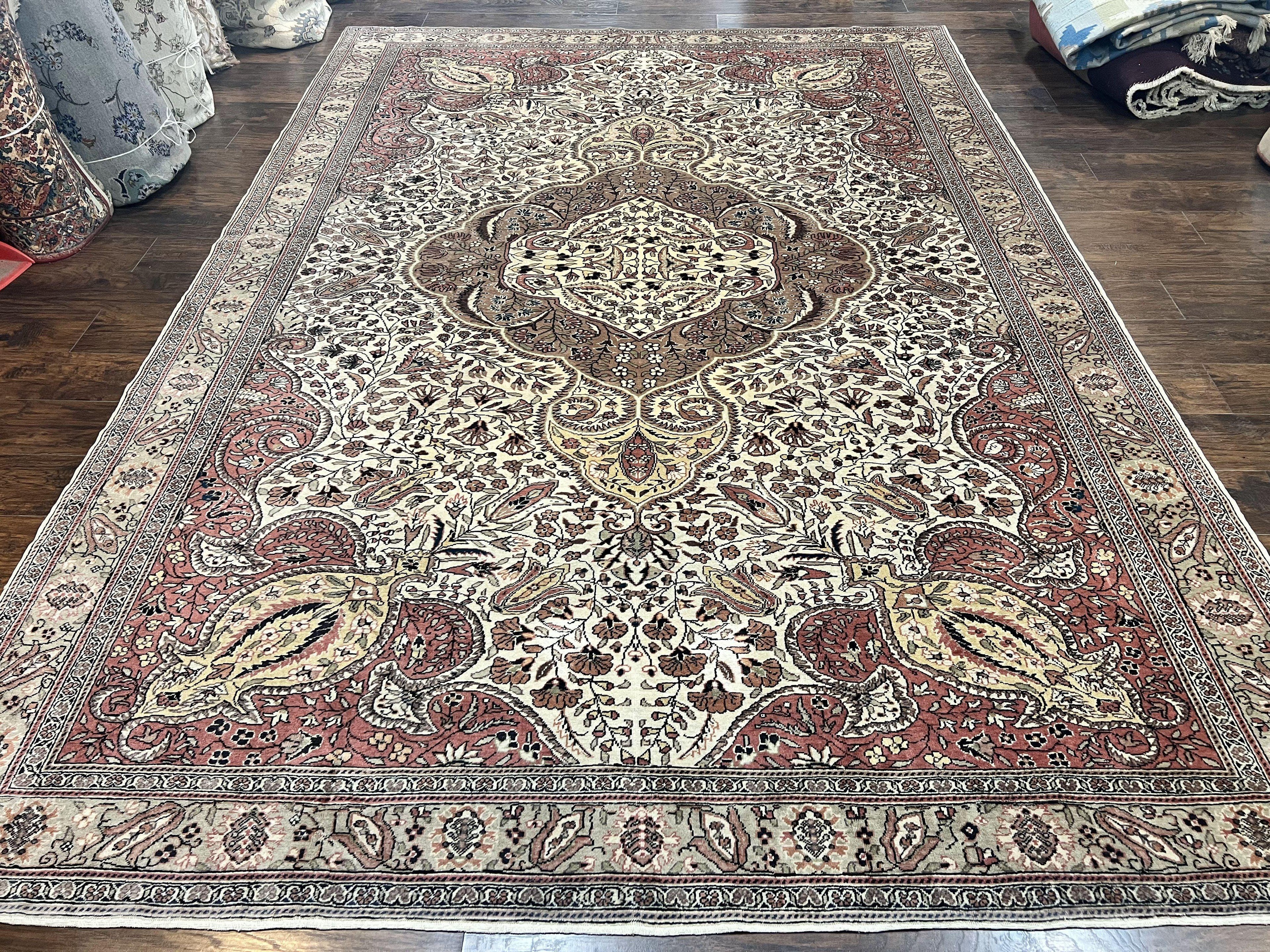 Turkish Sivas Rug 9x12, Handmade Vintage Wool Carpet, Cream Ivory