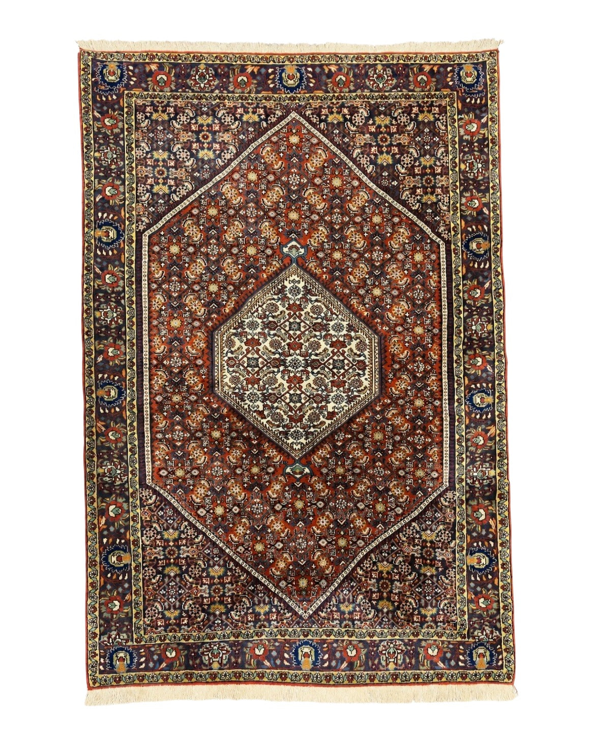 Persian Bidjar Rug 4x6, Handmade Oriental Carpet, Fine Weave, Herati Mahi Pattern, Vintage, Red, 300 KPSI