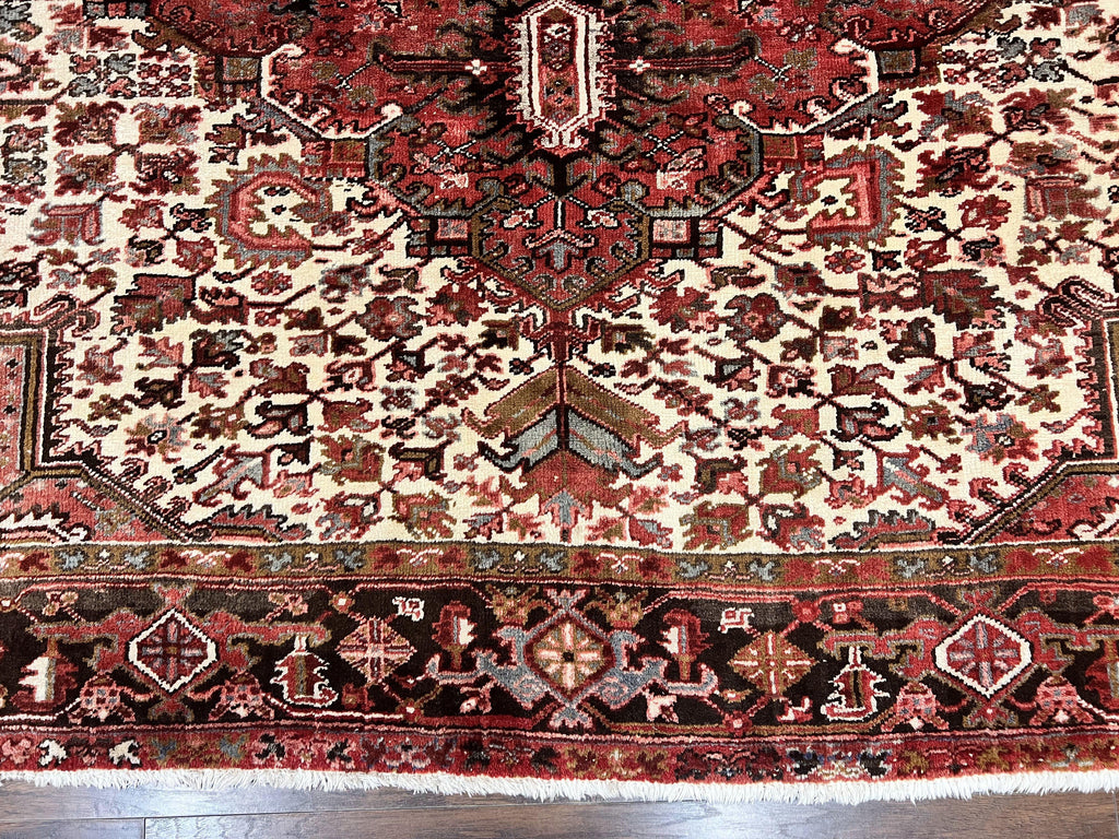 Large Persian Heriz Rug 10x13, Red and Cream Geometric Tribal Room Sized Handmade Wool Hand Knotted Semi Antique Decorative Oriental Carpet