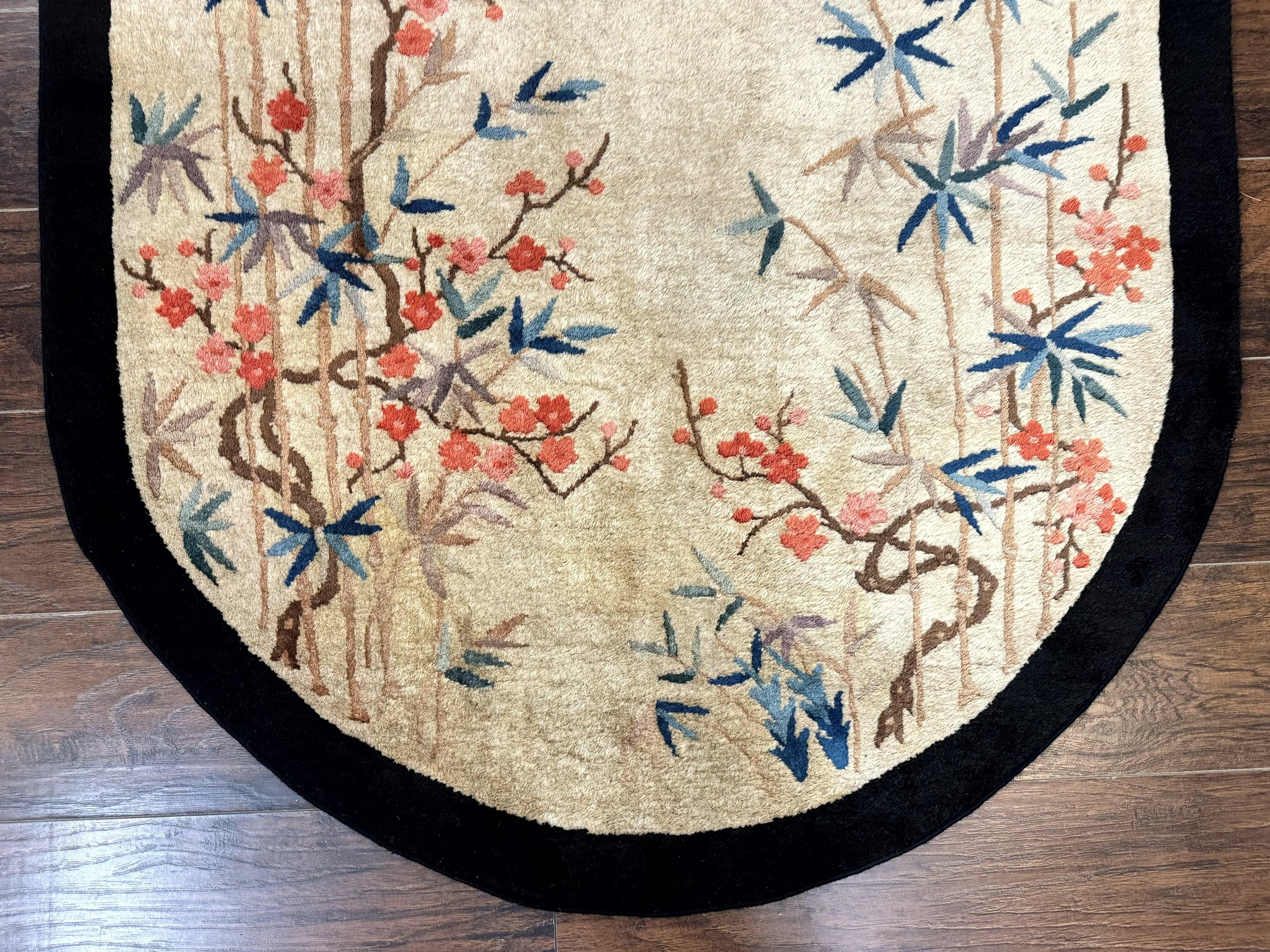 Antique Chinese Oval Rug 3.9 x 6.7, Floral, Butterflies, Chinese Wool Art Deco Peking Carpet, Beige, Handmade