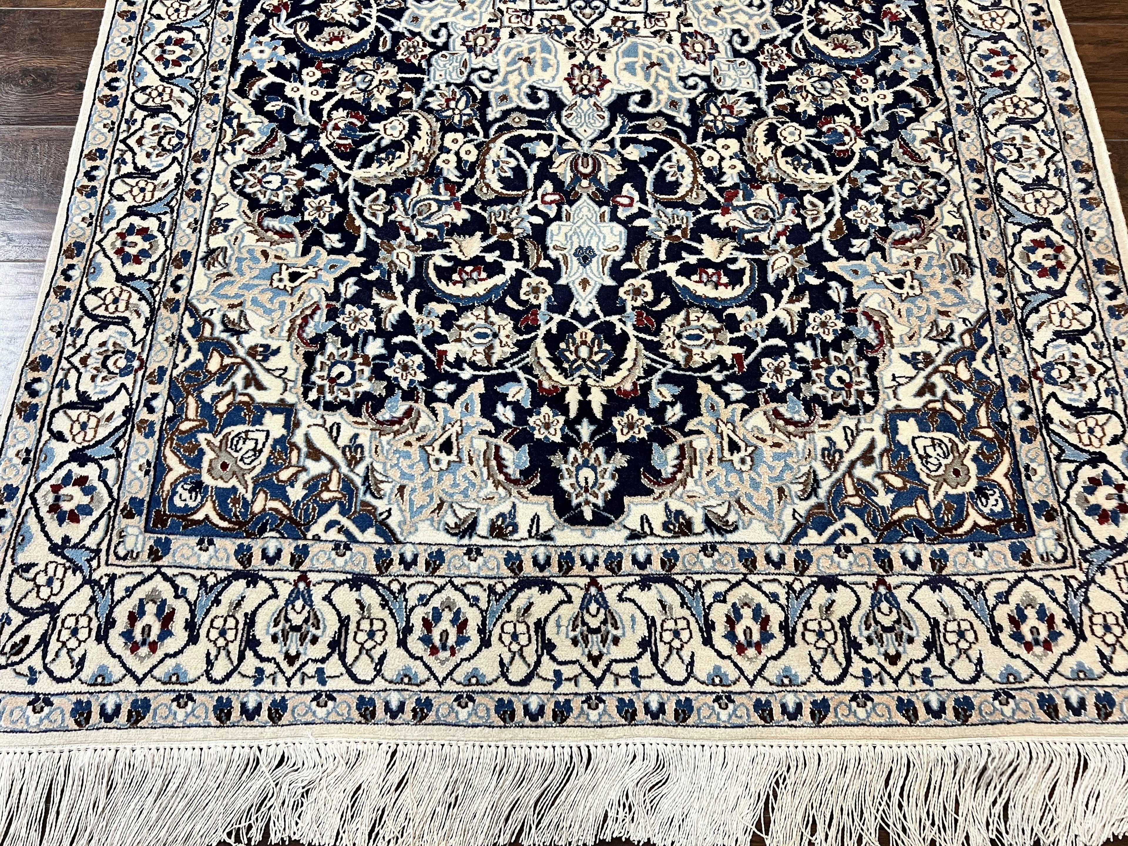 Persian Nain Rug 4x6, Floral, Hand Knotted Vintage Wool & Silk Highlights, Signature from Masterweaver, Navy Blue and Ivory