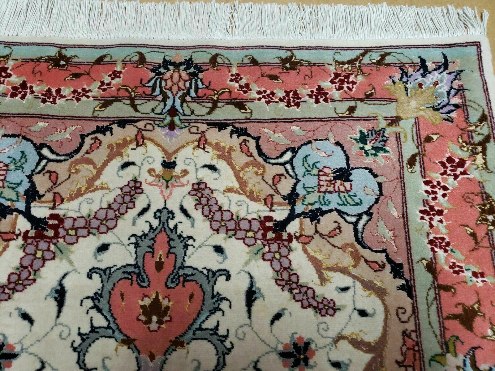 Small Vintage Persian Tabriz Wool and Silk Rug 2.5 x 4 ft, Very Finely Hand Knotted, Medallion, Ivory Salmon Light Blue, Top Quality, Pair A