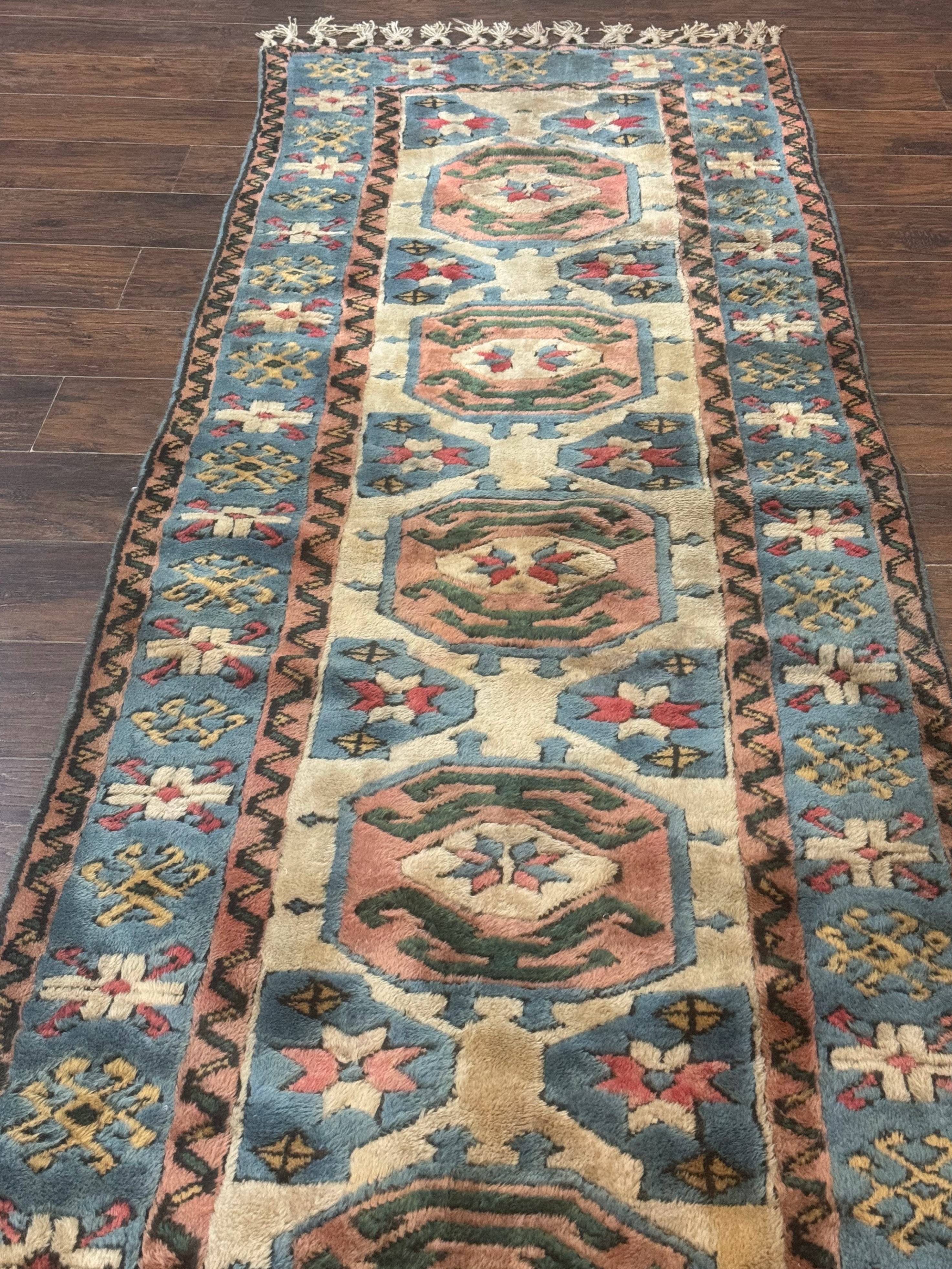 Turkish Kazak Runner Rug 3x11, Cream and Light Blue, Vintage