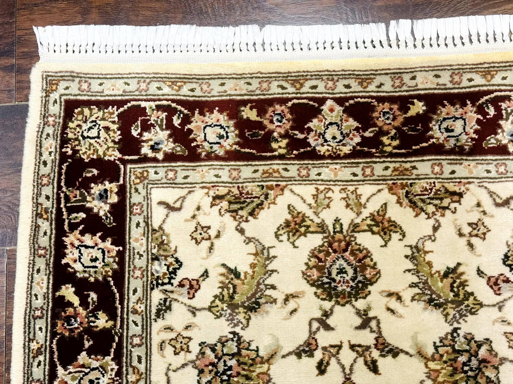 Pak Persian Runner Rug 2.8 x 8, Handmade Vintage Carpet, Beige and Maroon, Wool and Silk Highlights
