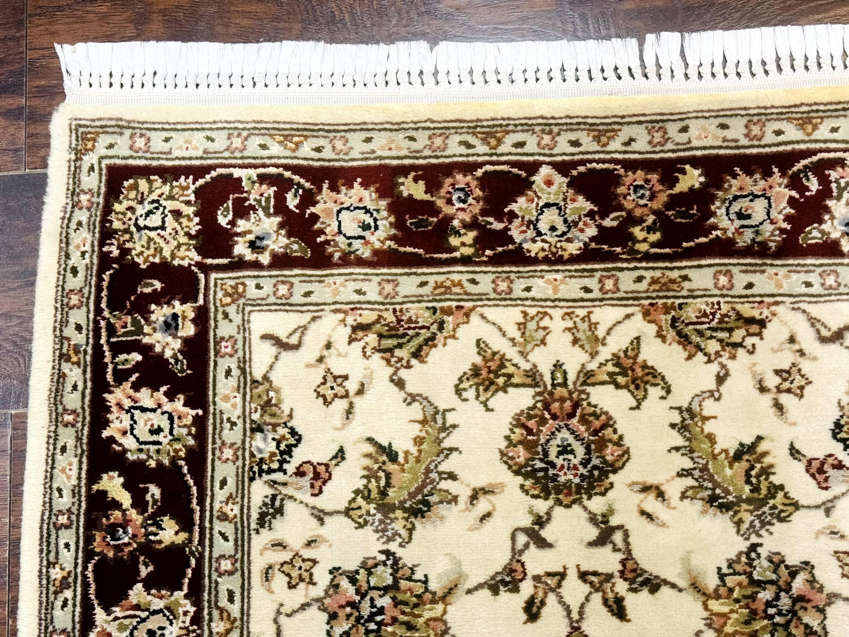 Pak Persian Runner Rug 2.8 x 8, Handmade Vintage Carpet, Beige and Maroon, Wool and Silk Highlights