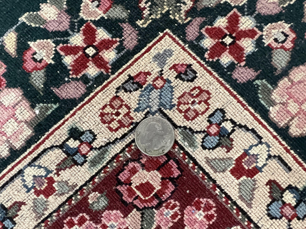 Large Sino Persian Rug 10x14, Wool Hand Knotted Vintage Carpet, Dark Green & Beige, Kirman Floral Rug, Fine Weave, Traditional, Large