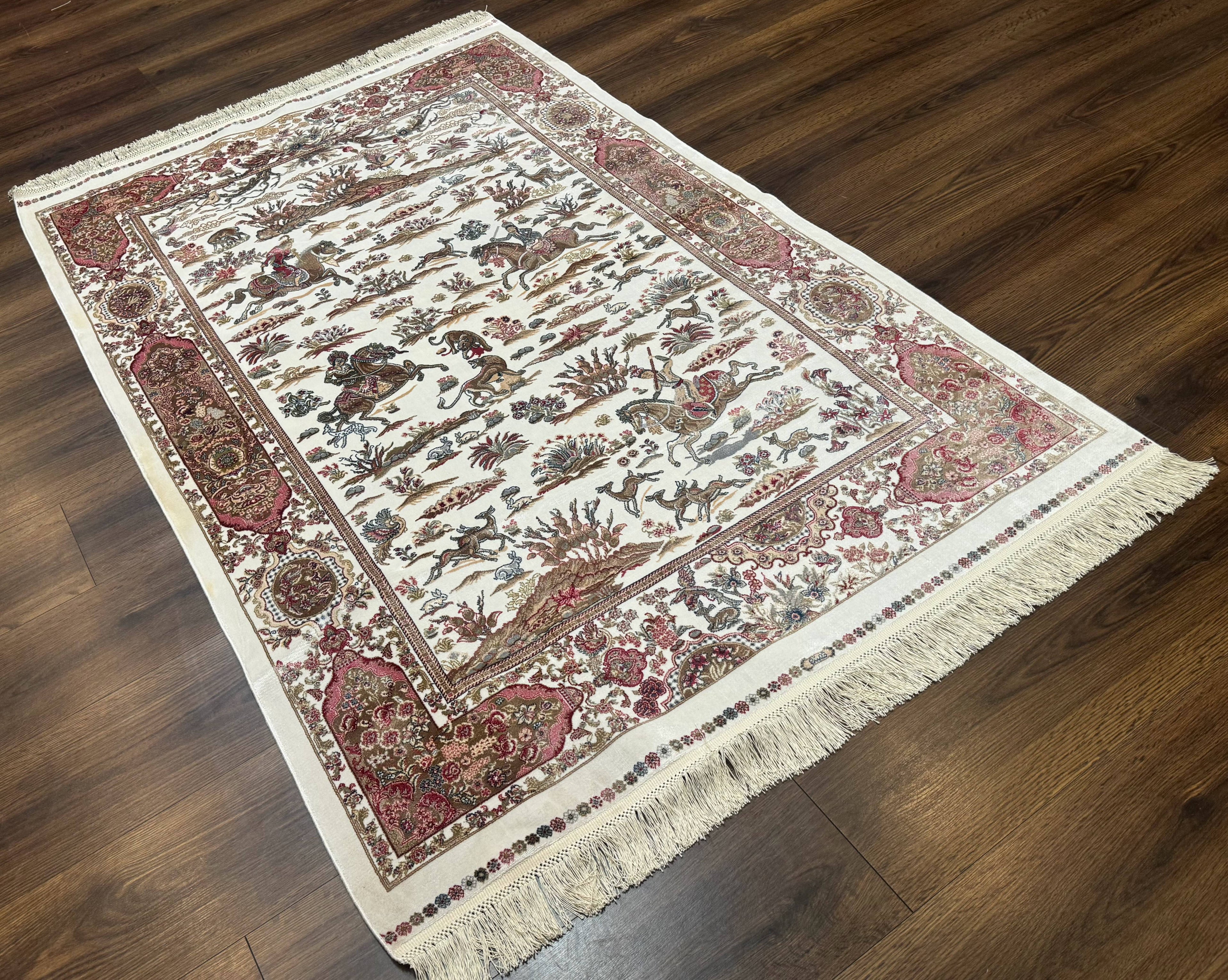 Turkish Silk Hunting Scene Rug 4x6, Ivory, Bamboo Silk, New