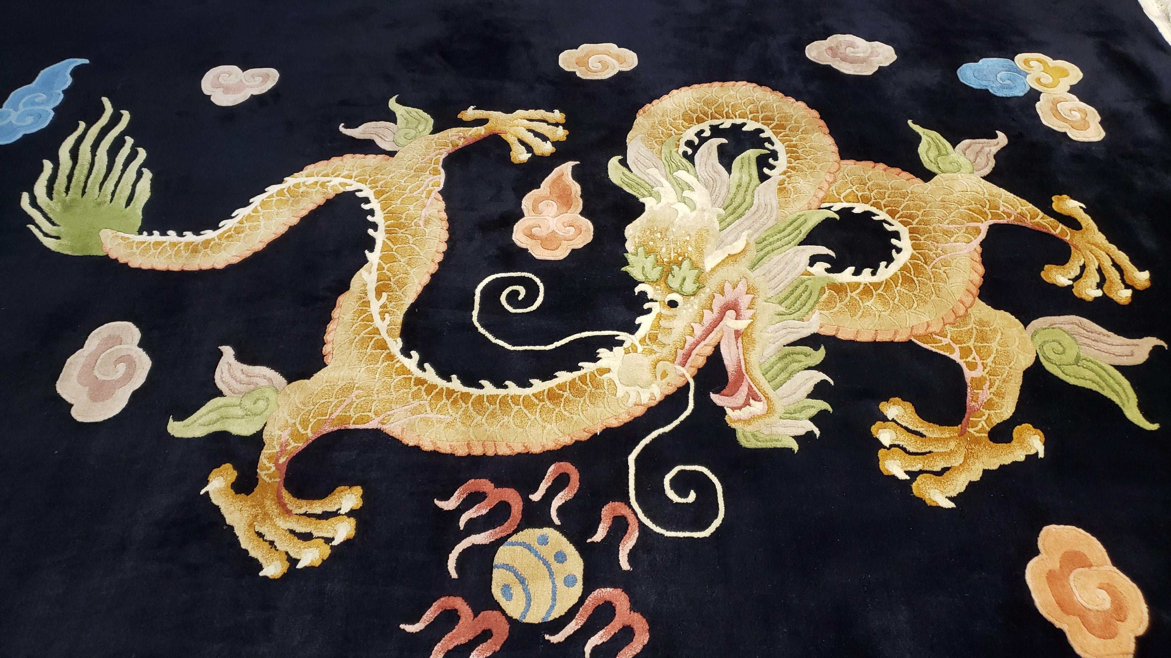 Rare Antique Chinese Art Deco Rug 6x9 with Dragon, Black Chinese Carpet 6 x 9, Hand Knotted Wool Area Rug