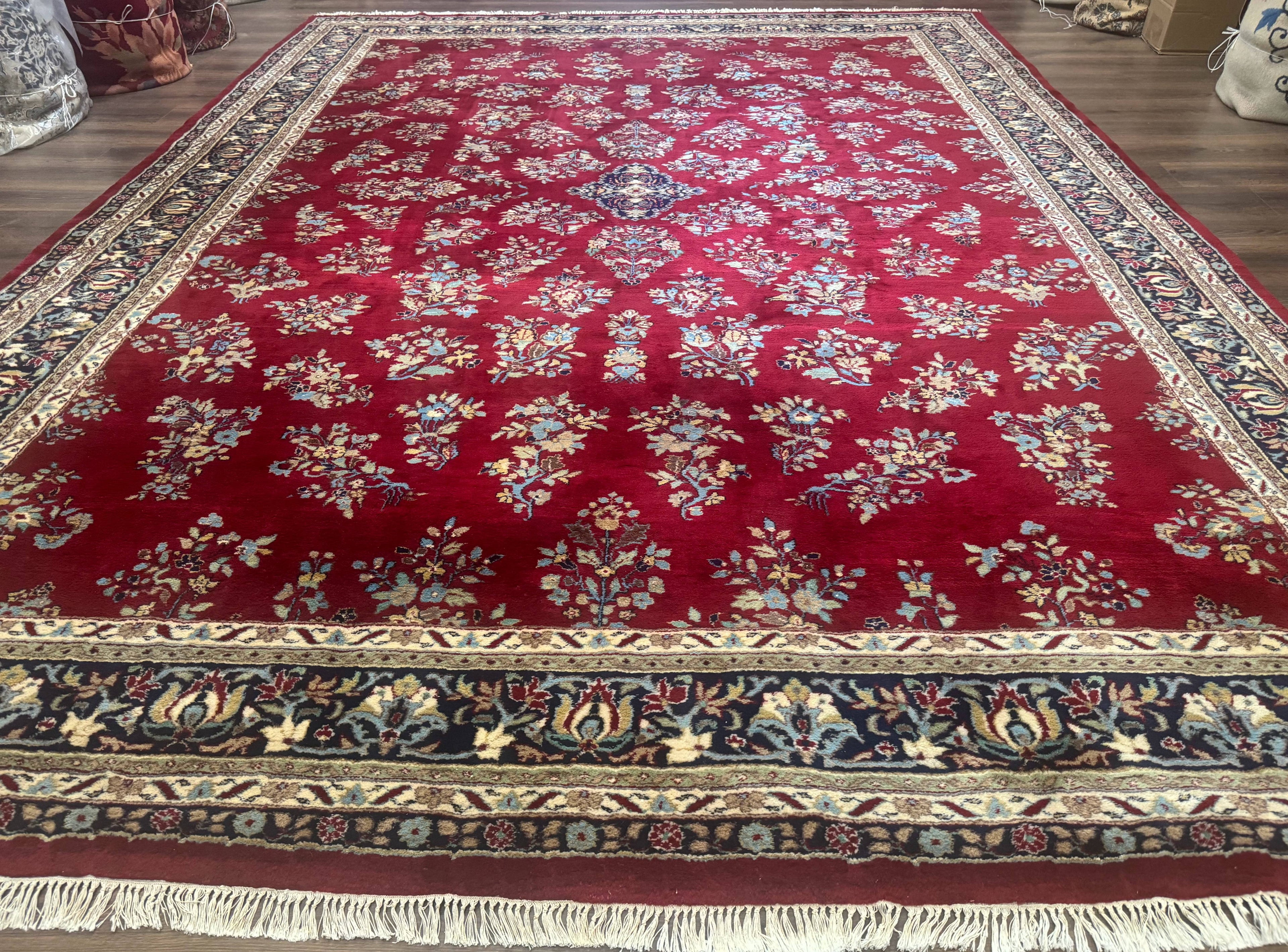 Indo Persian Sarouk Rug 10x14, Large Red and Navy Blue Carpet, Traditional Floral Wool Rug
