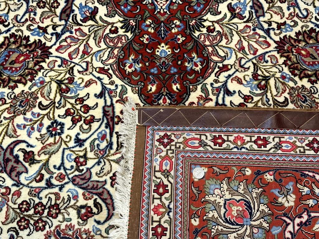 Persian Qum Rug 7x11, Beige and Red, Highly Detailed Floral Pattern, Fine 260 KPSI