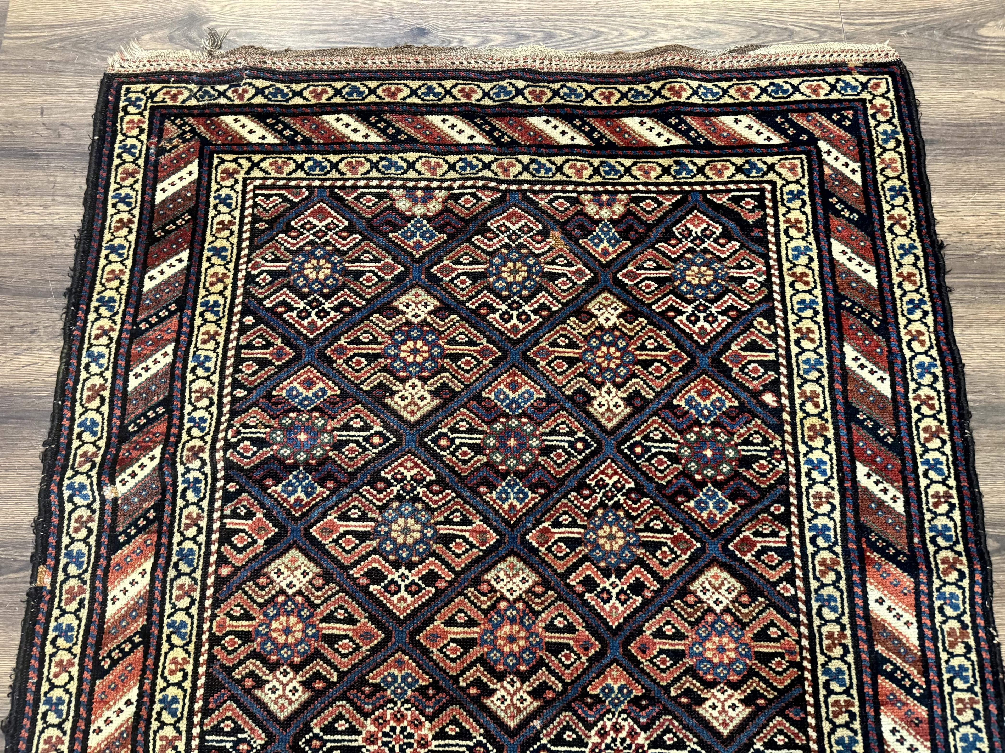 Antique Persian Wide Runner Rug 4x9, Kurdish Rug, Panel Design, Rainbow Border, Rare Tribal Rug