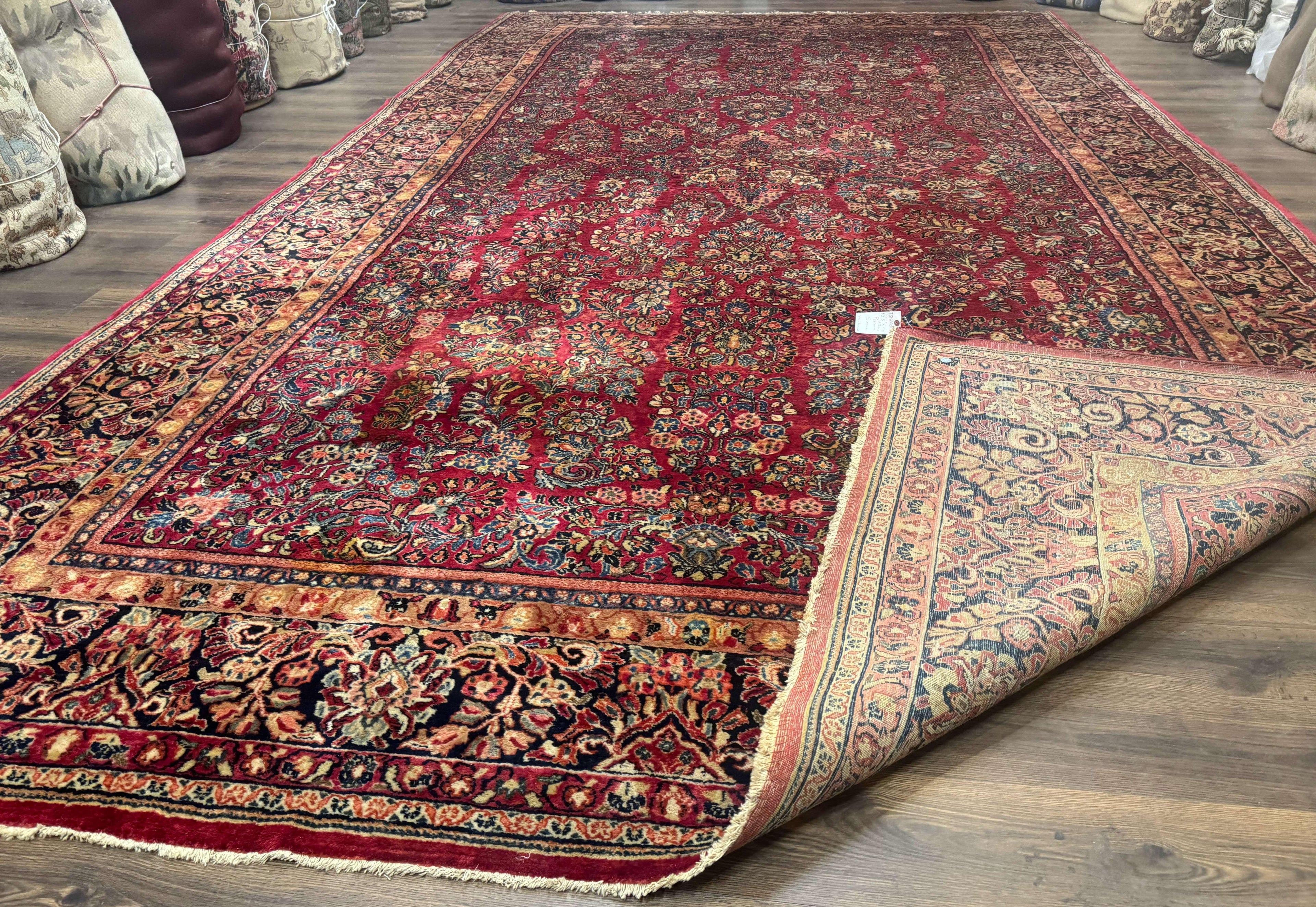 Persian Sarouk Rug 10x18, Palace Size Antique Persian Carpet, Wool, Red, Floral, Handmade Traditional Persian Rug, Extra Large Rug